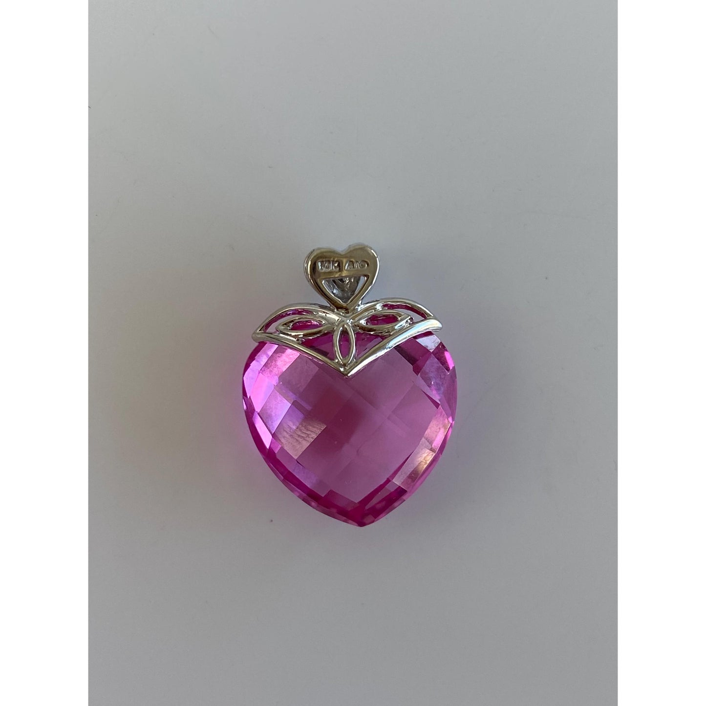 Solid 10k White Gold Pink Sapphire Diamond Heart Charm