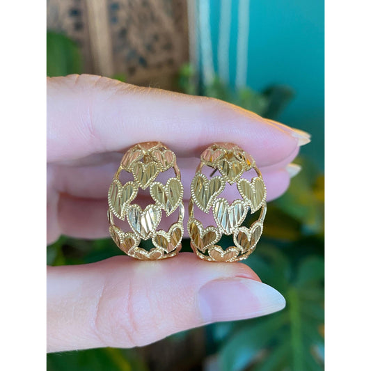 Vintage Solid 18k Yellow Gold Diamond Cut Hearts Openwork Drop Earrings