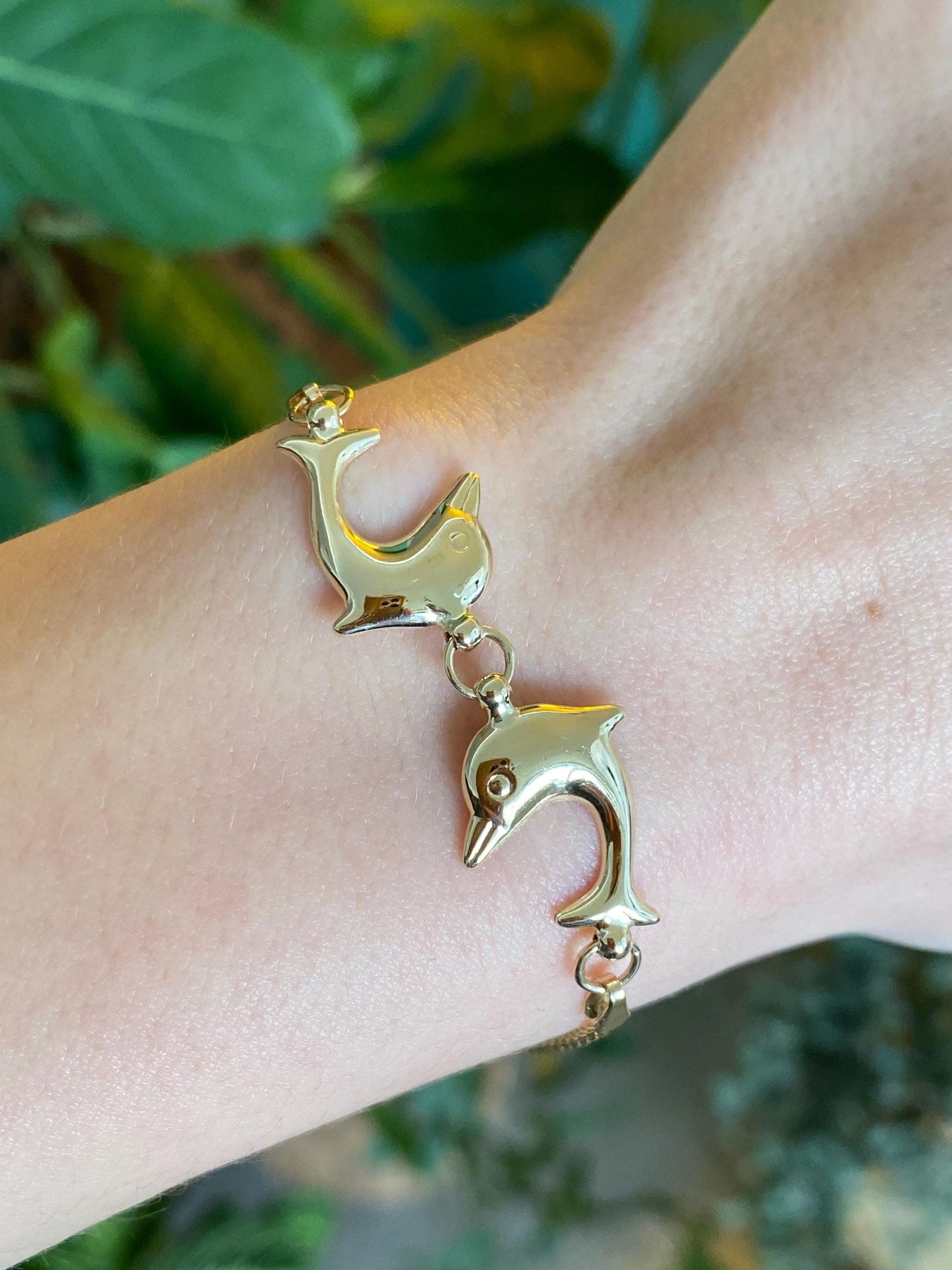 Vintage Solid 14k Yellow Gold Dolphins Rope Chain Bracelet - 7.25 inches