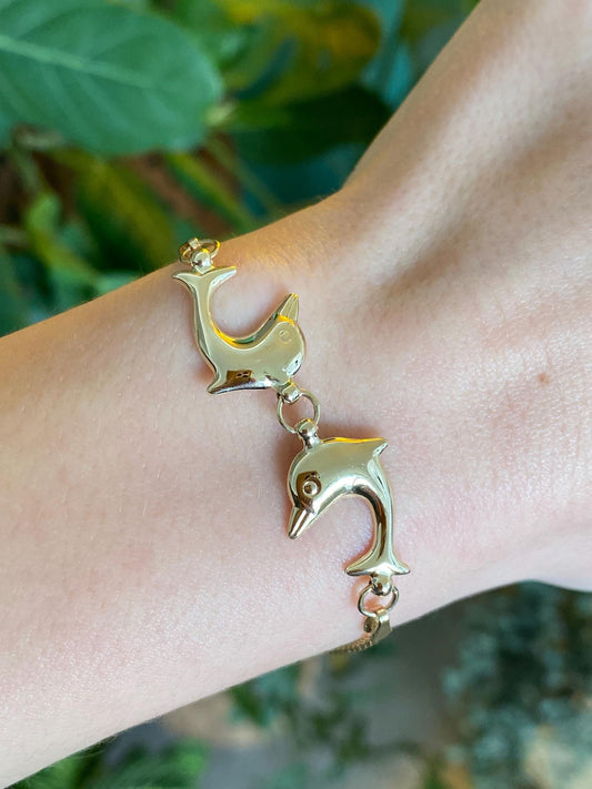Vintage Solid 14k Yellow Gold Dolphins Rope Chain Bracelet - 7.25 inches
