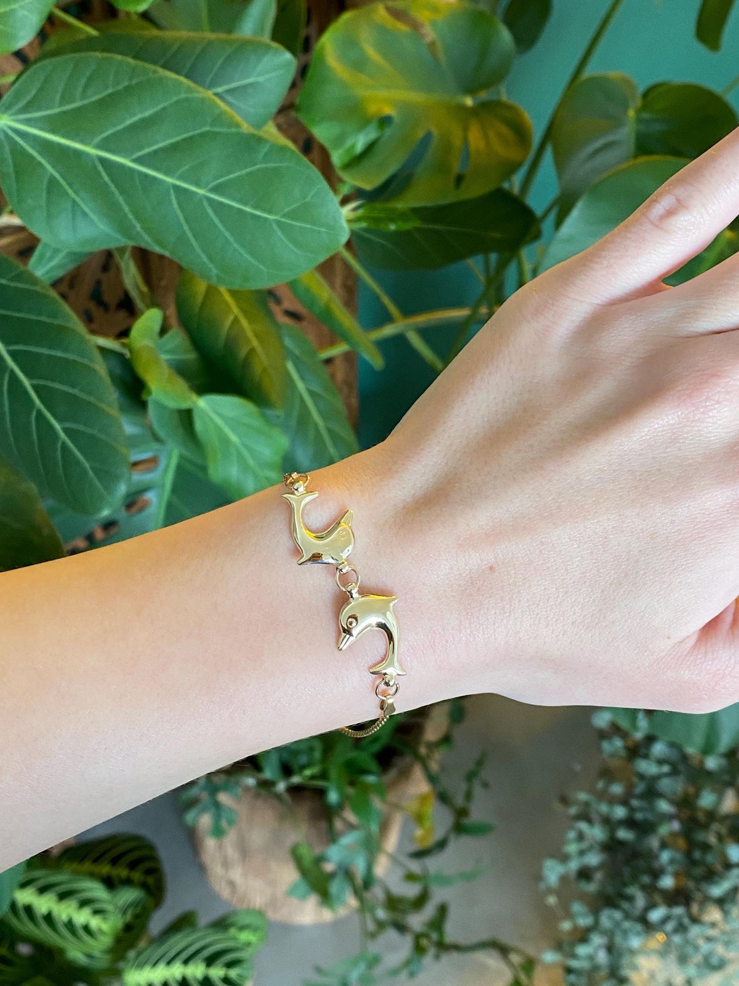 Vintage Solid 14k Yellow Gold Dolphins Rope Chain Bracelet - 7.25 inches