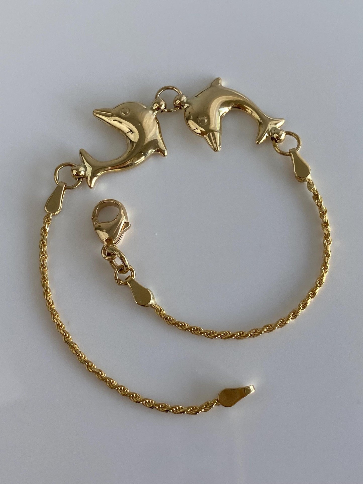 Vintage Solid 14k Yellow Gold Dolphins Rope Chain Bracelet - 7.25 inches