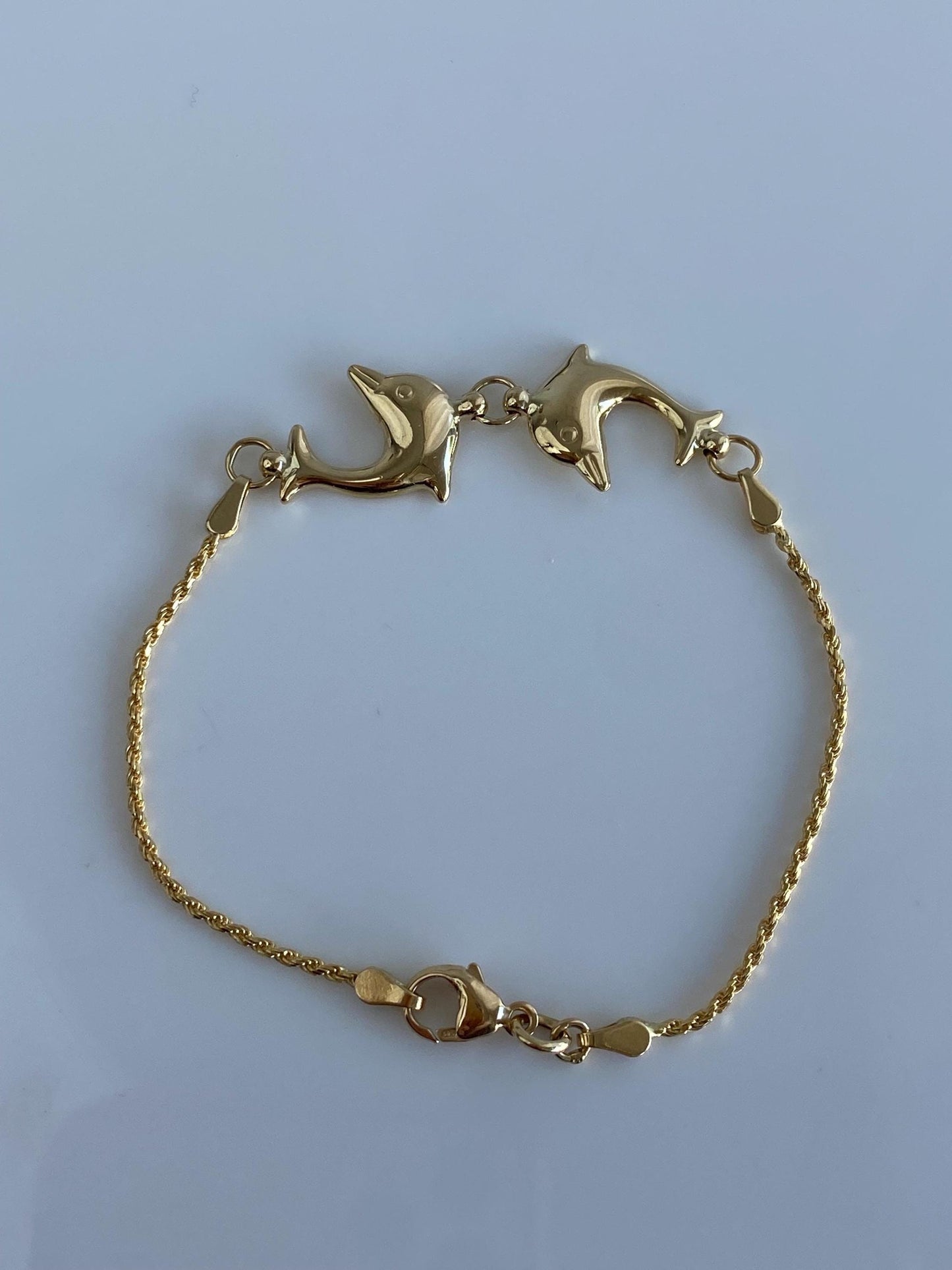 Vintage Solid 14k Yellow Gold Dolphins Rope Chain Bracelet - 7.25 inches