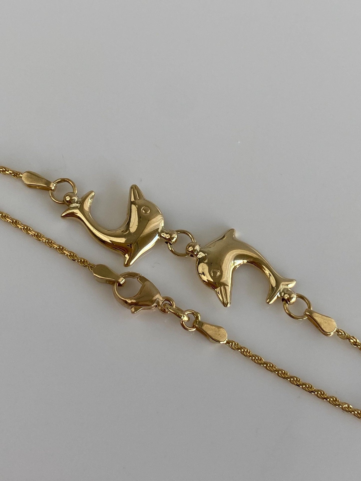 Vintage Solid 14k Yellow Gold Dolphins Rope Chain Bracelet - 7.25 inches