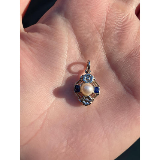 Solid 14k White Gold Blue Sapphire Pearl Charm