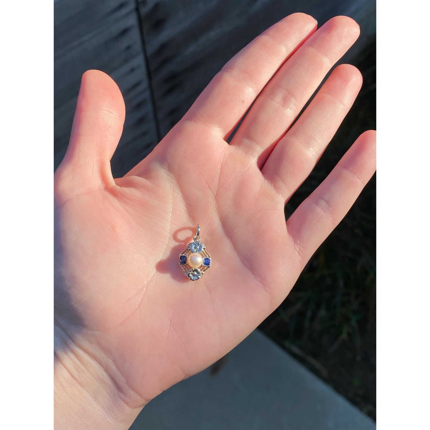 Solid 14k White Gold Blue Sapphire Pearl Charm