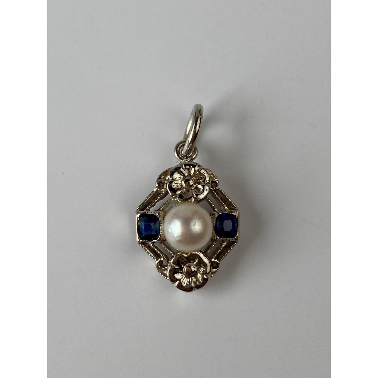 Solid 14k White Gold Blue Sapphire Pearl Charm