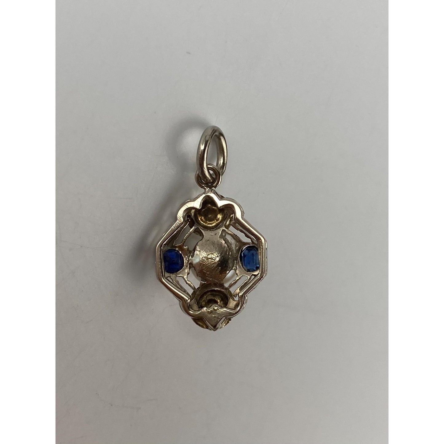 Solid 14k White Gold Blue Sapphire Pearl Charm