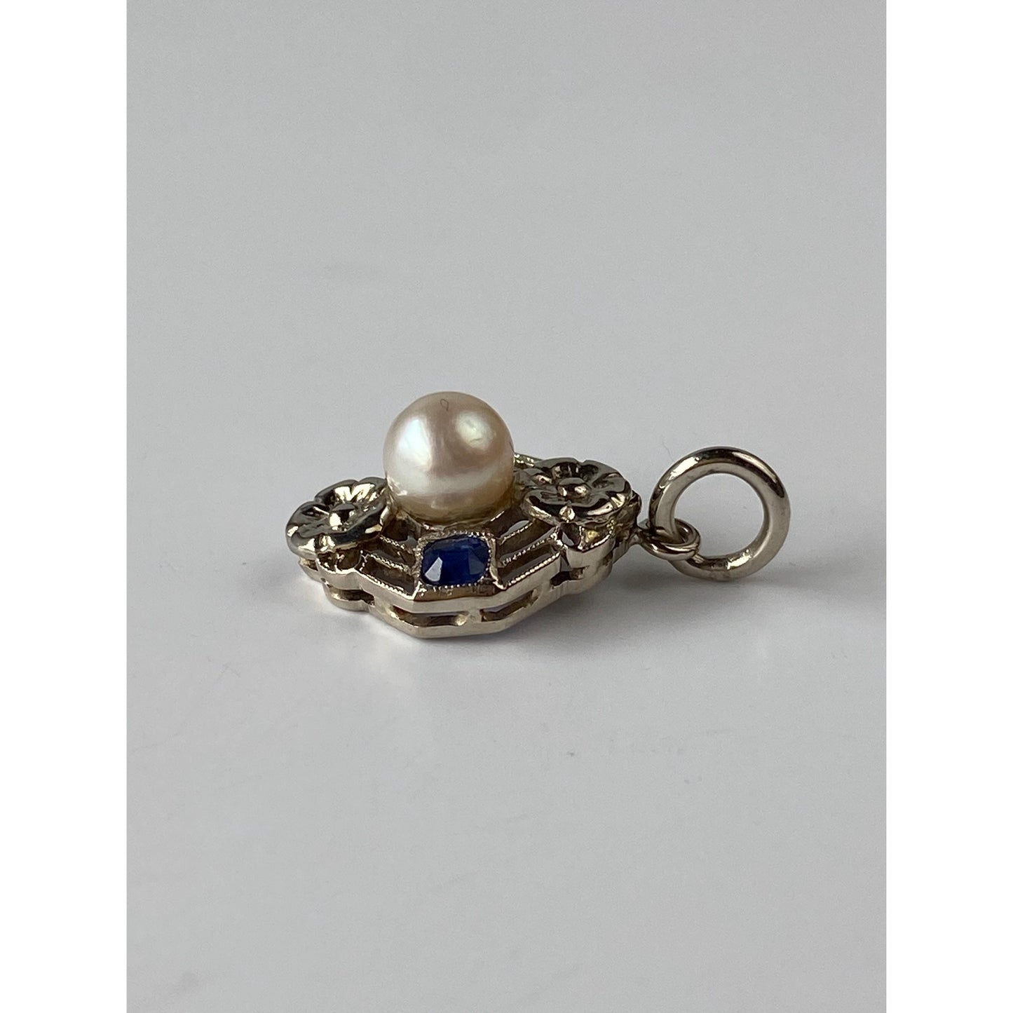 Solid 14k White Gold Blue Sapphire Pearl Charm
