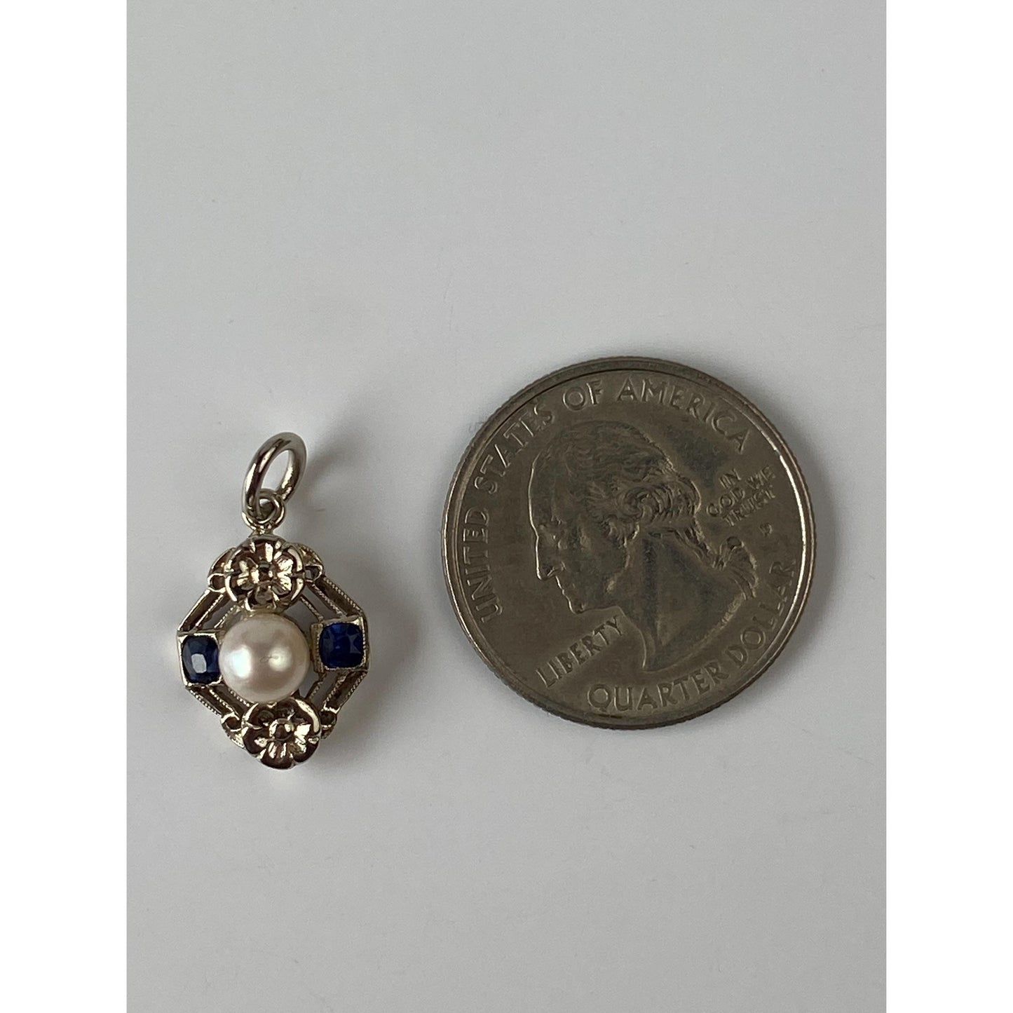Solid 14k White Gold Blue Sapphire Pearl Charm