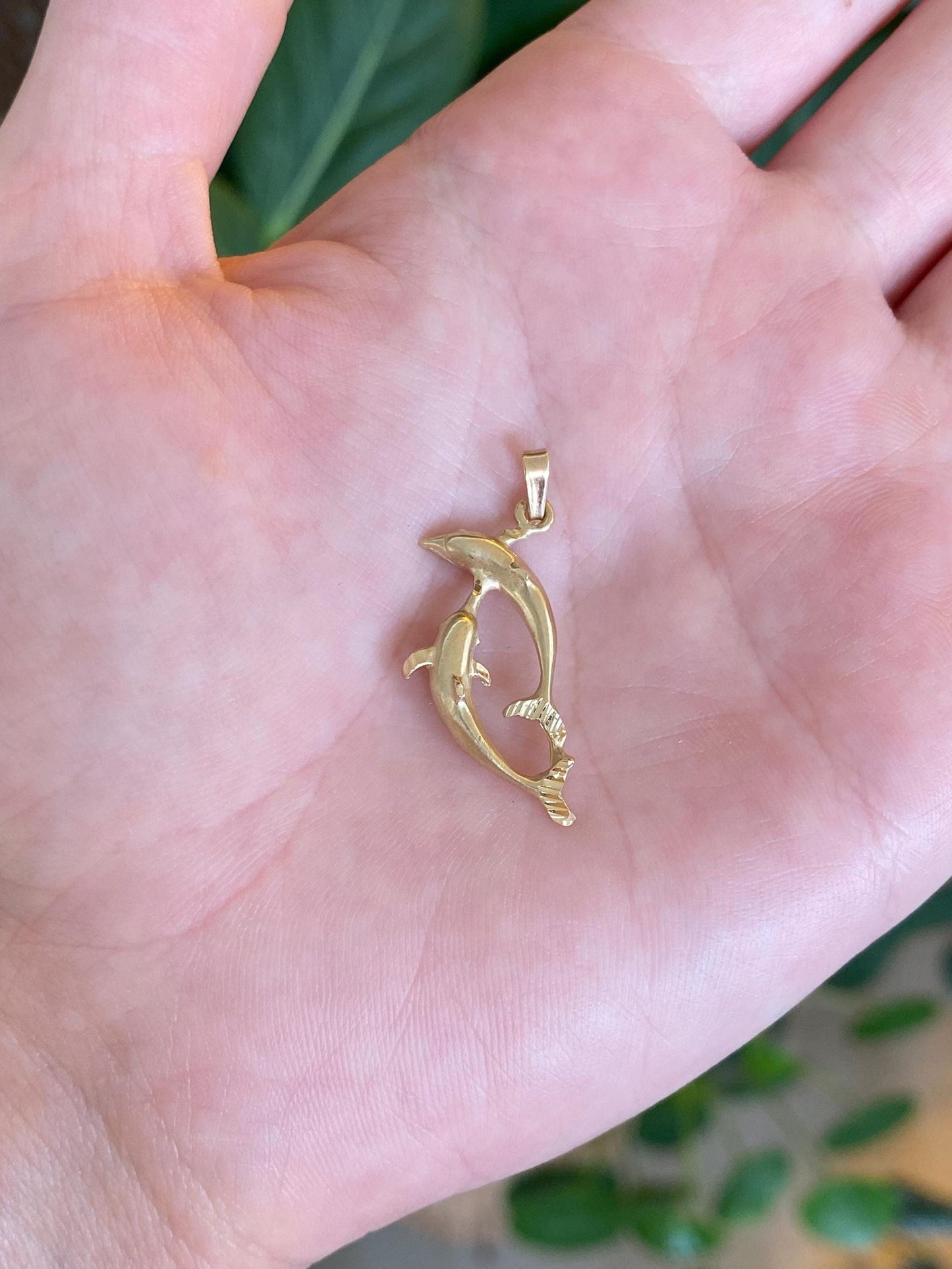 Vintage Solid 14k Yellow Gold Diamond Cut Dolphins Charm