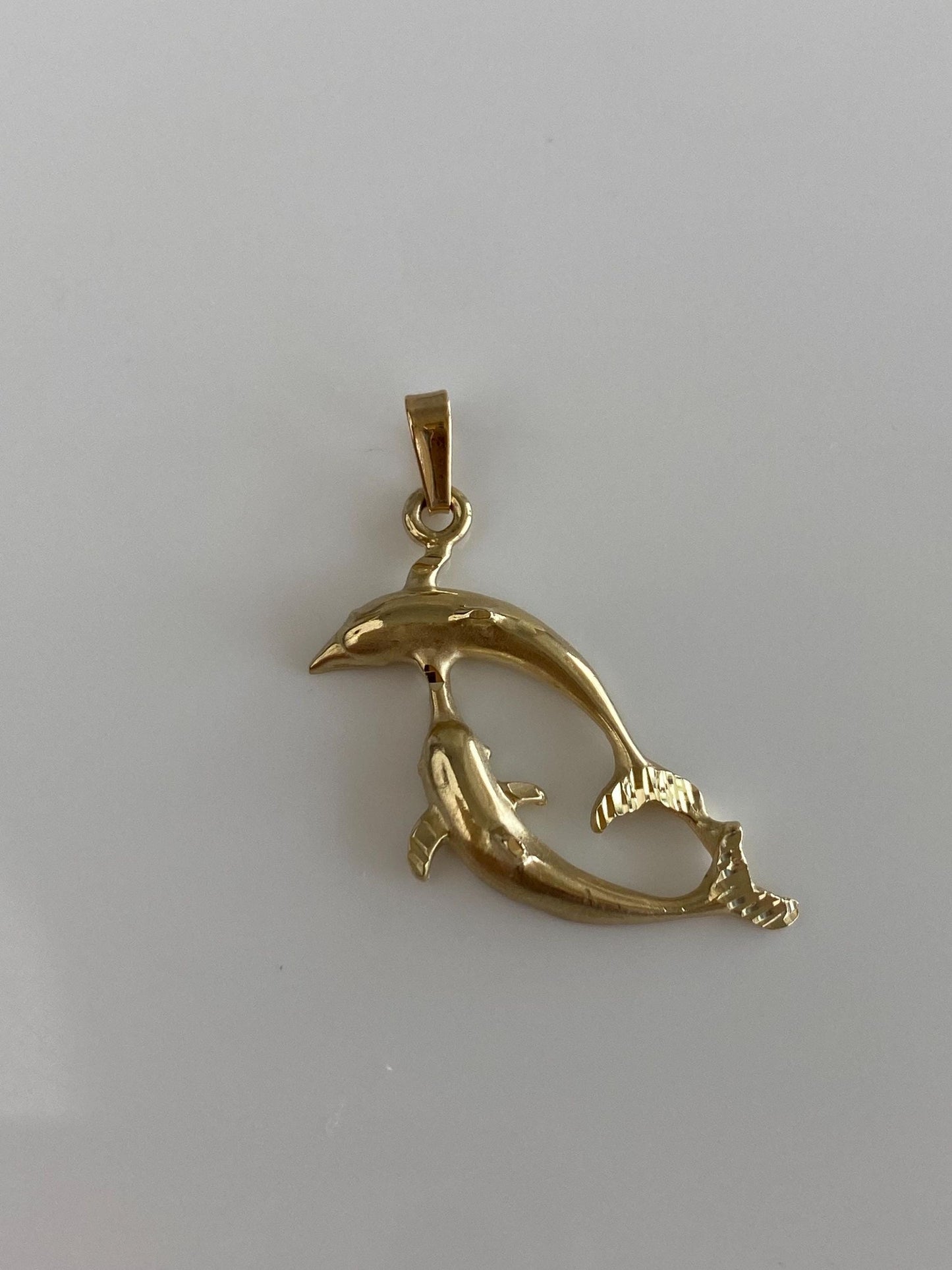 Vintage Solid 14k Yellow Gold Diamond Cut Dolphins Charm
