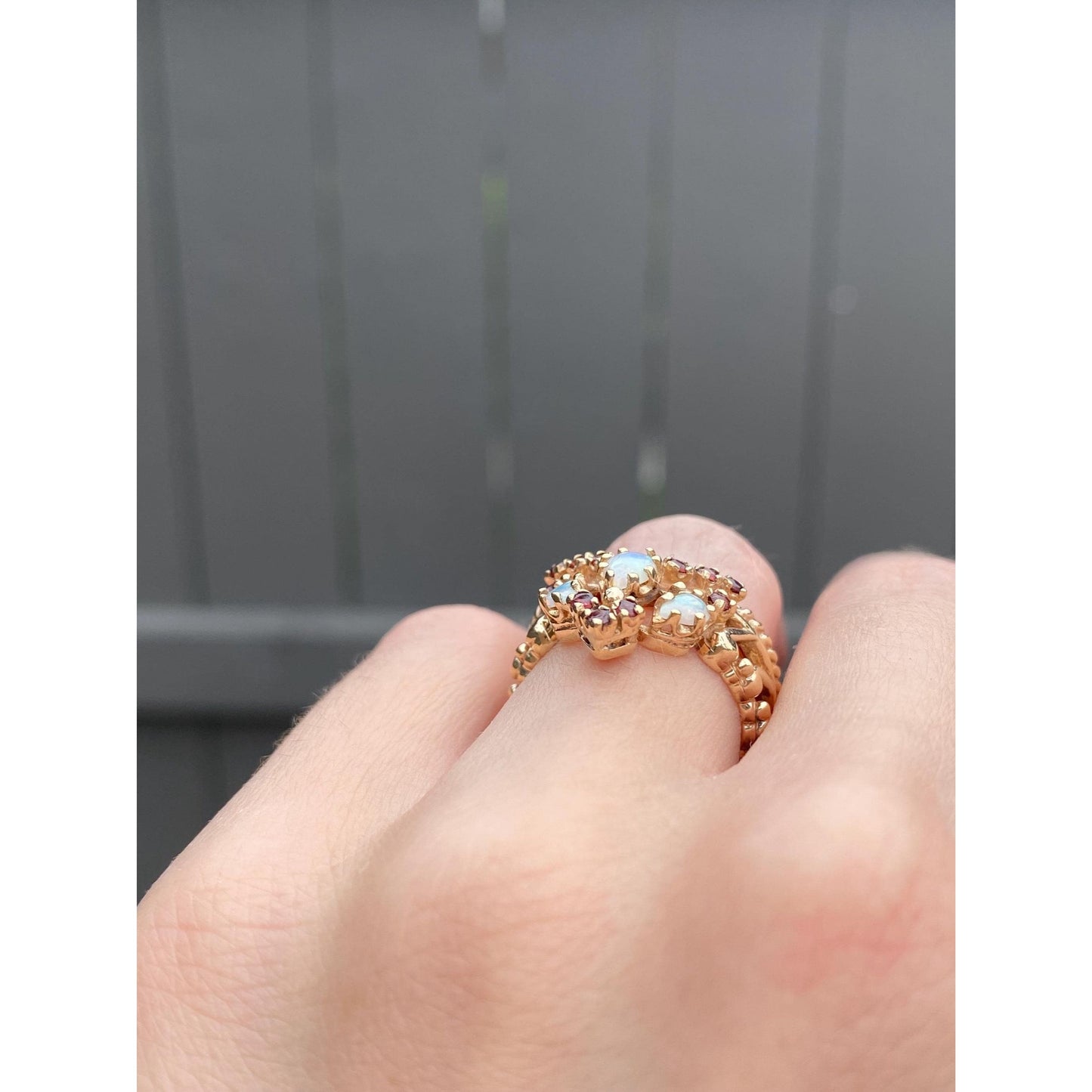 Vintage Solid 10k Yellow Gold Opal Garnet Chevron Ring - Size 5.25