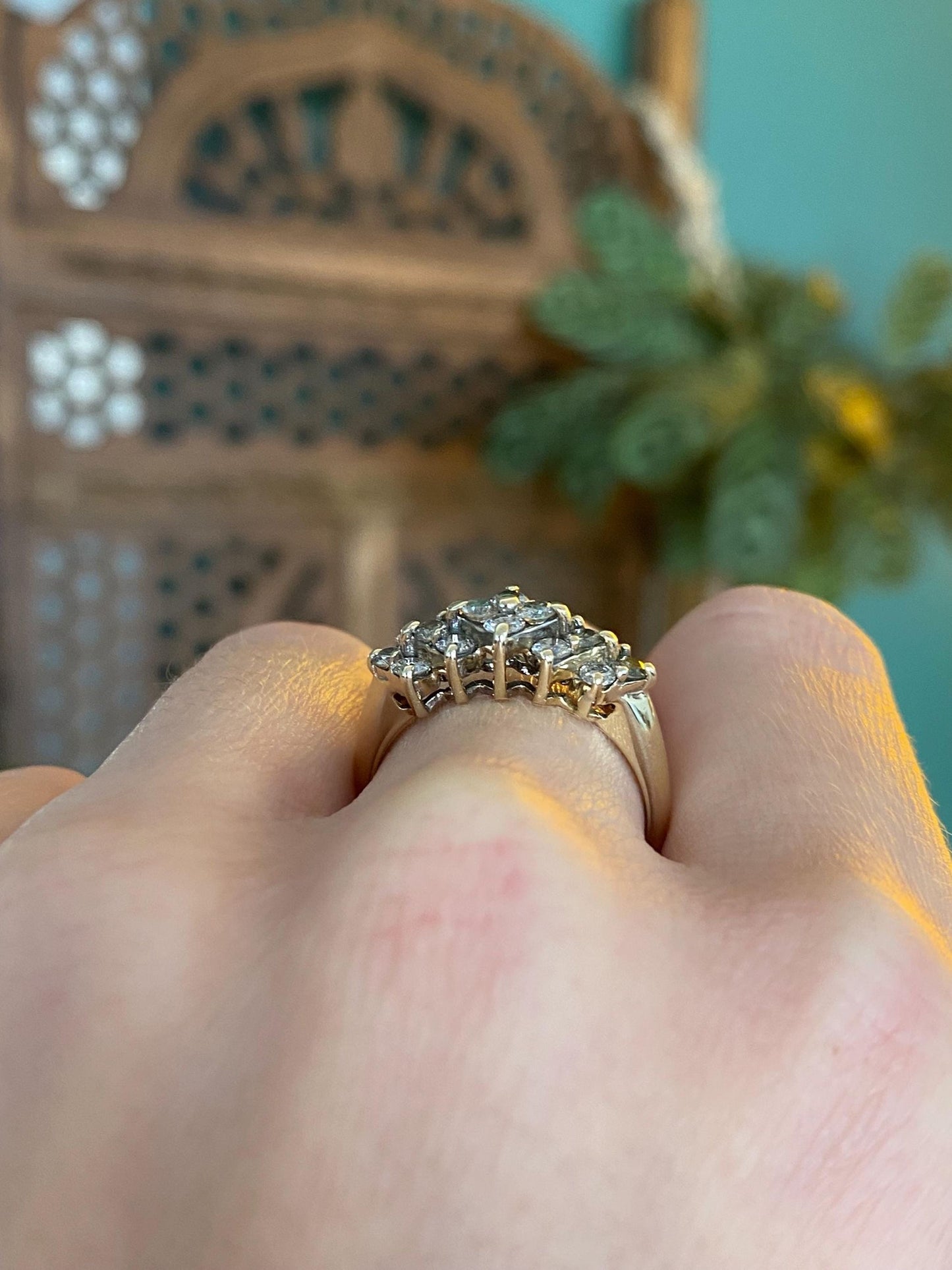 Vintage Solid 14k Yellow Gold Diamond Cluster Ring - Size 8