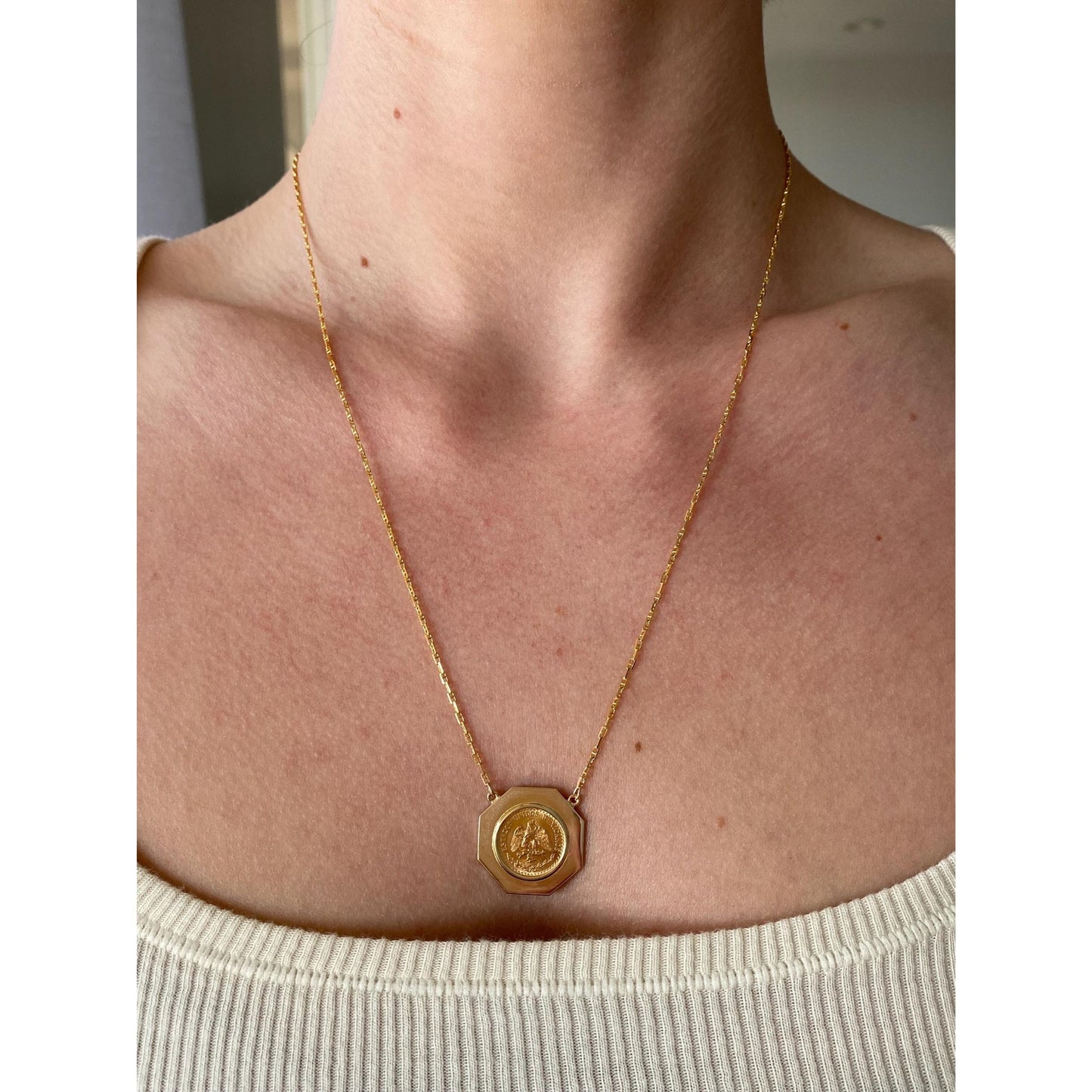 Vintage Solid 14k Yellow Gold Dos Peso Coin Mariner Link Chain Necklace - 20.75 inches