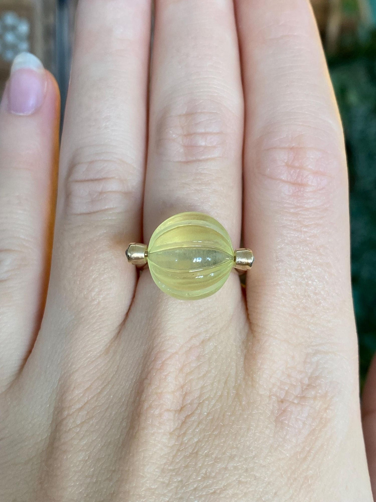 Vintage Solid 18k Yellow Gold Fidget Lemon Quartz Roller Ball & Diamond Ring - Size 6.75