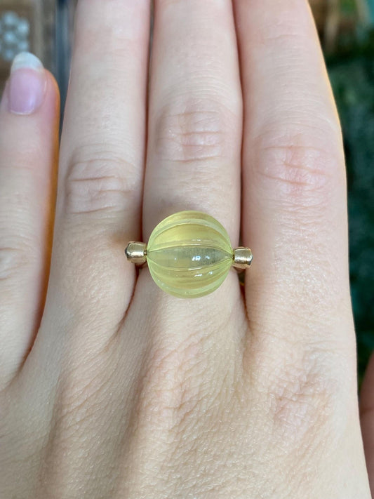 Vintage Solid 18k Yellow Gold Fidget Lemon Quartz Roller Ball & Diamond Ring - Size 6.75
