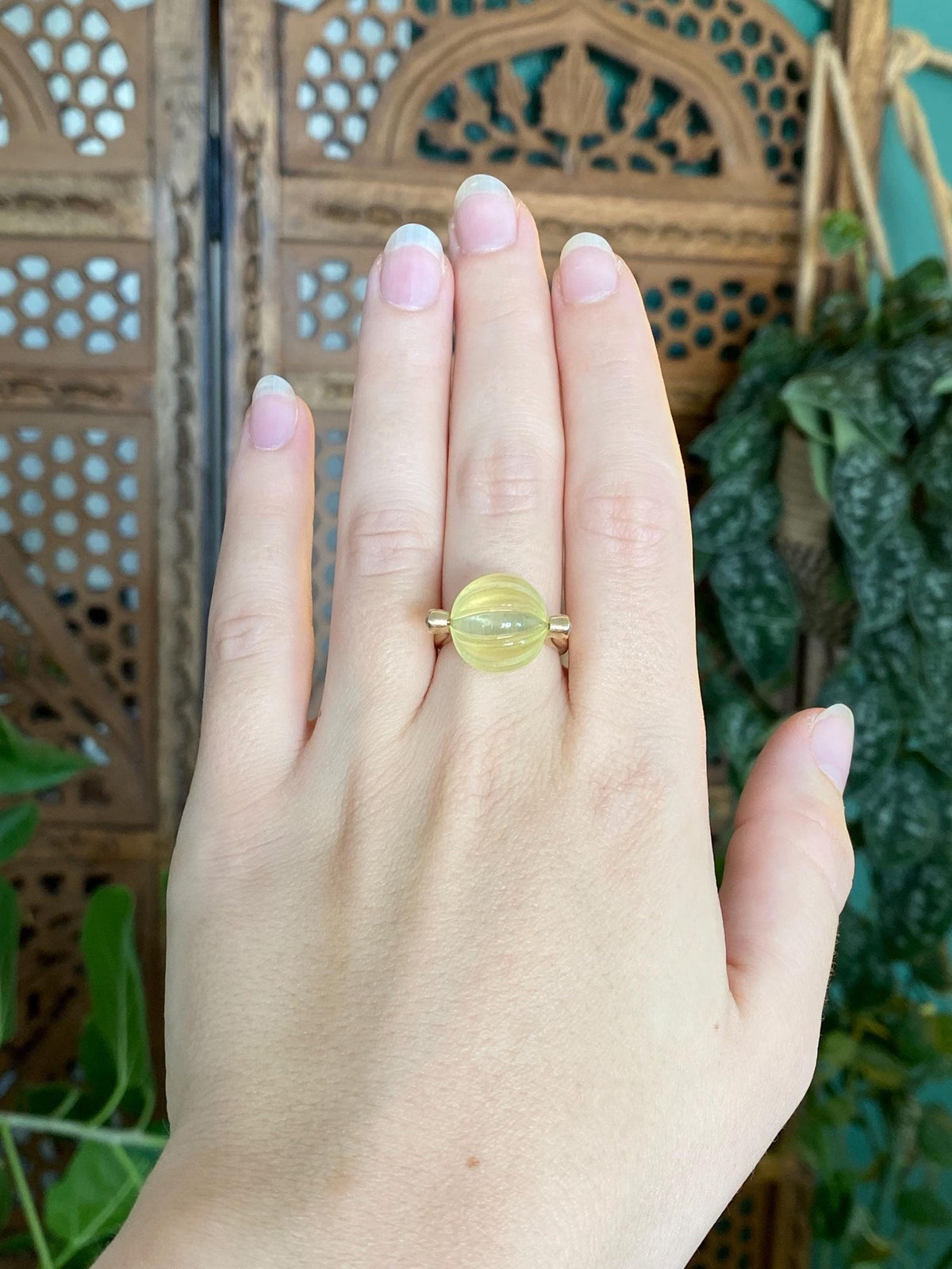 Vintage Solid 18k Yellow Gold Fidget Lemon Quartz Roller Ball & Diamond Ring - Size 6.75