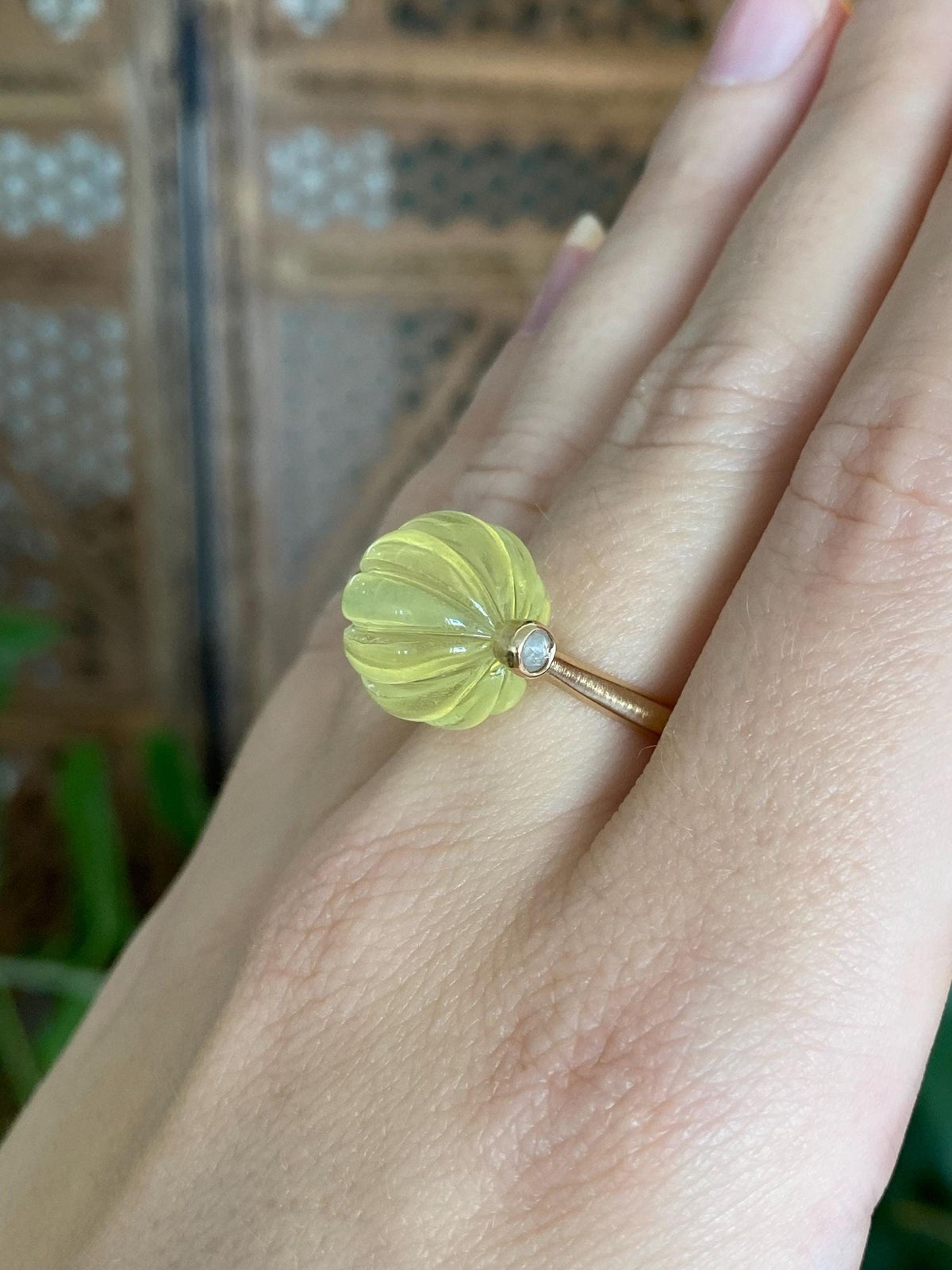 Vintage Solid 18k Yellow Gold Fidget Lemon Quartz Roller Ball & Diamond Ring - Size 6.75