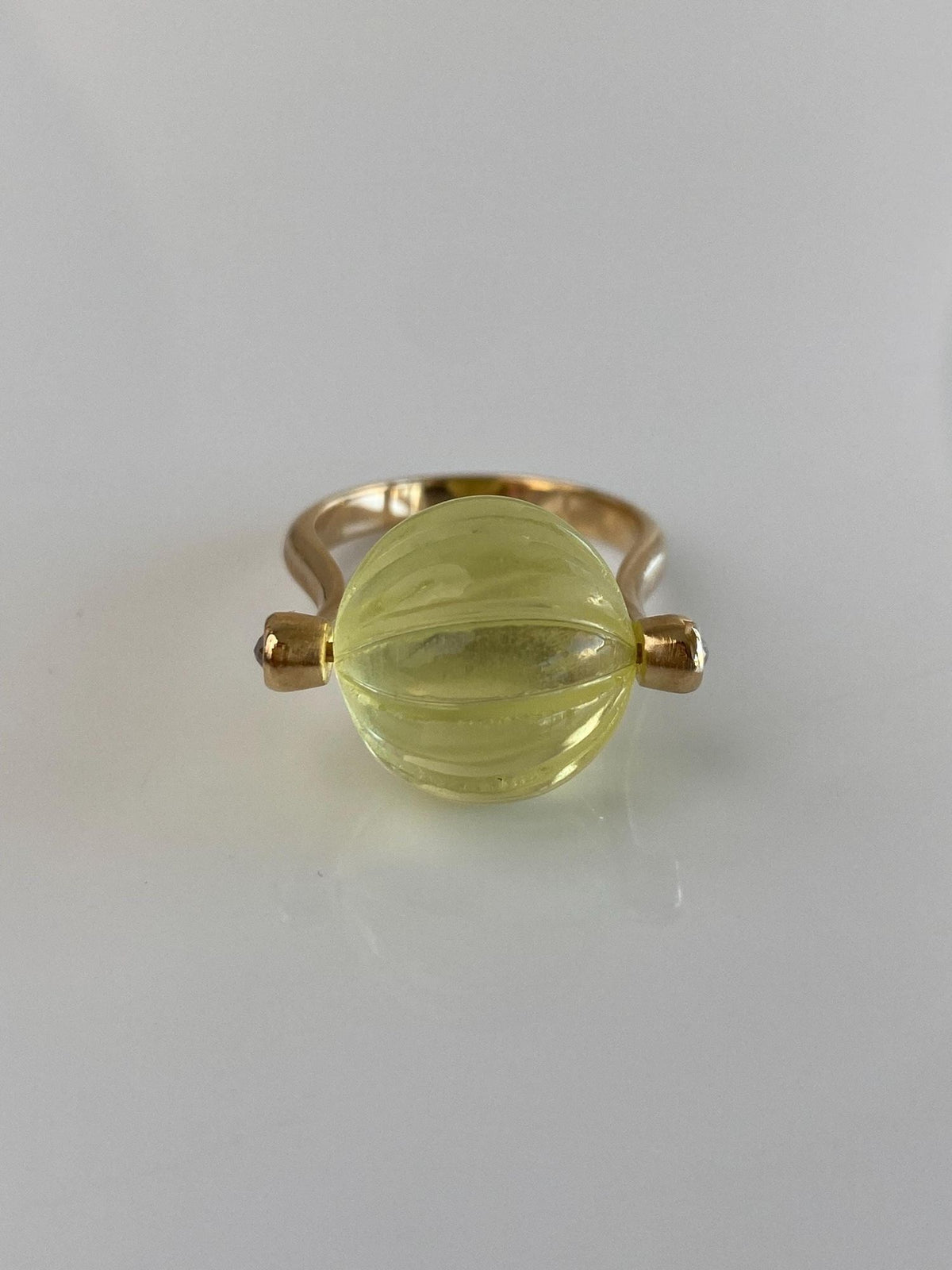 Vintage Solid 18k Yellow Gold Fidget Lemon Quartz Roller Ball & Diamond Ring - Size 6.75