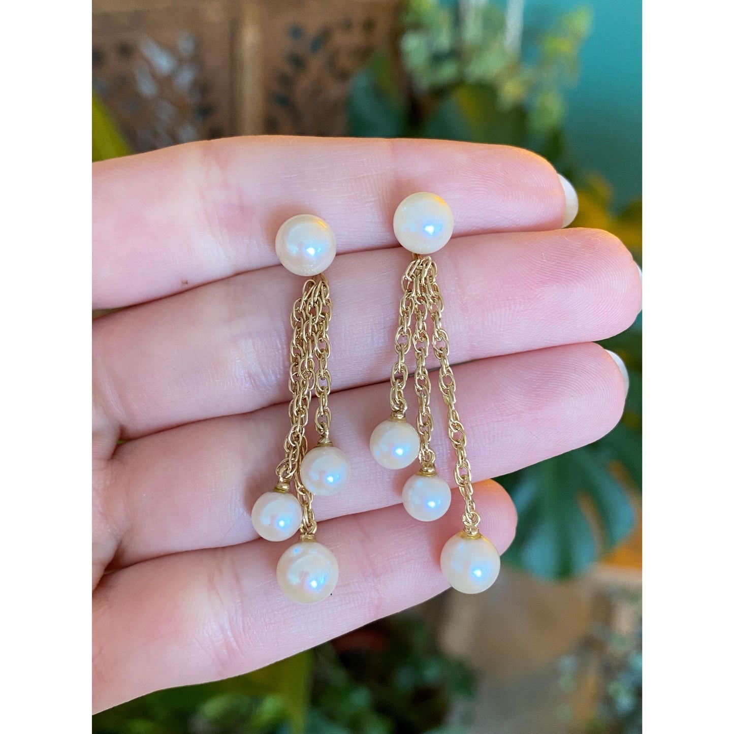 Vintage Solid 14k Yellow Gold Pearl Chain Dangle Stud Earrings