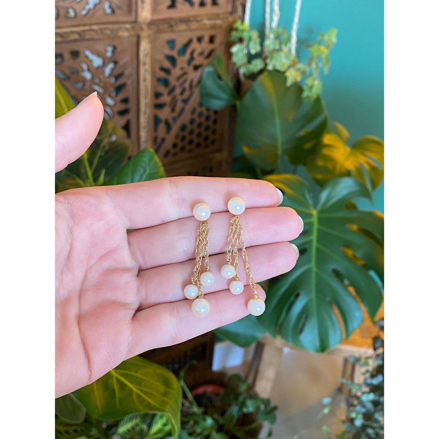 Vintage Solid 14k Yellow Gold Pearl Chain Dangle Stud Earrings