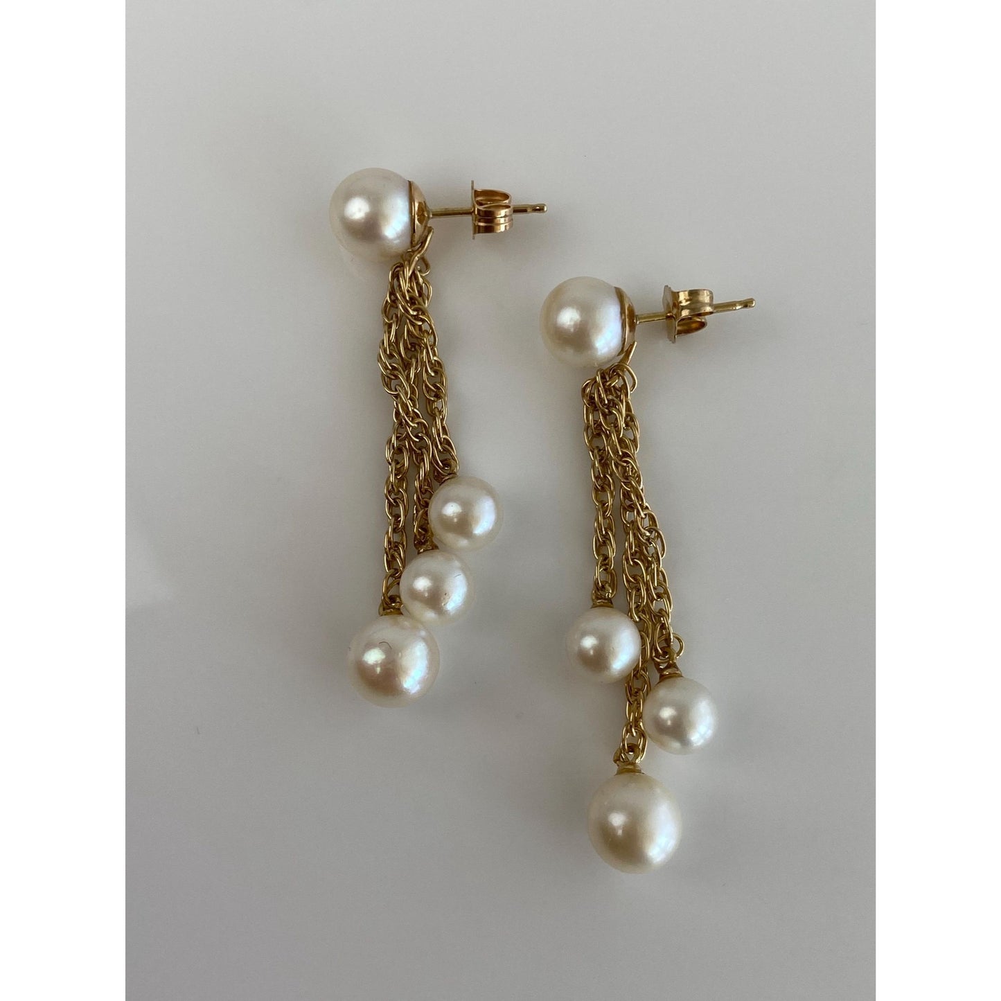 Vintage Solid 14k Yellow Gold Pearl Chain Dangle Stud Earrings