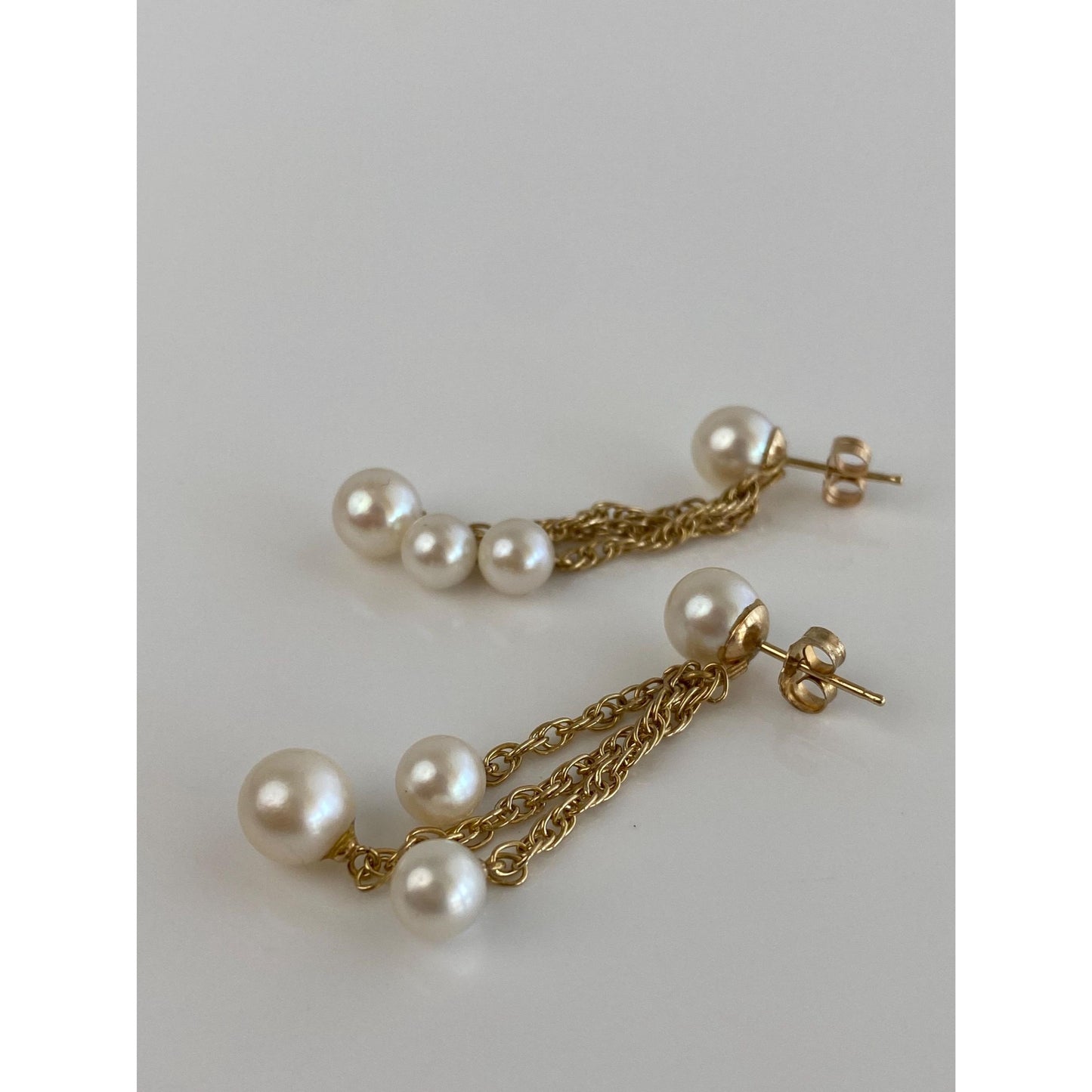 Vintage Solid 14k Yellow Gold Pearl Chain Dangle Stud Earrings