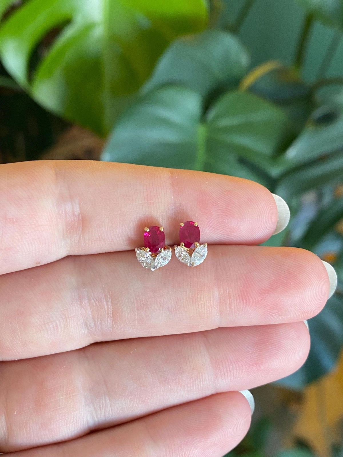 Vintage Solid 18k Yellow Gold Marquis Diamonds Ruby Stud Earrings