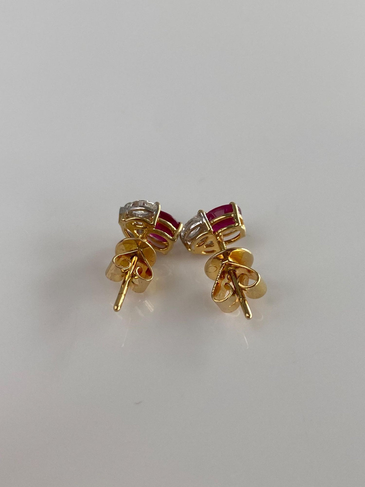 Vintage Solid 18k Yellow Gold Marquis Diamonds Ruby Stud Earrings