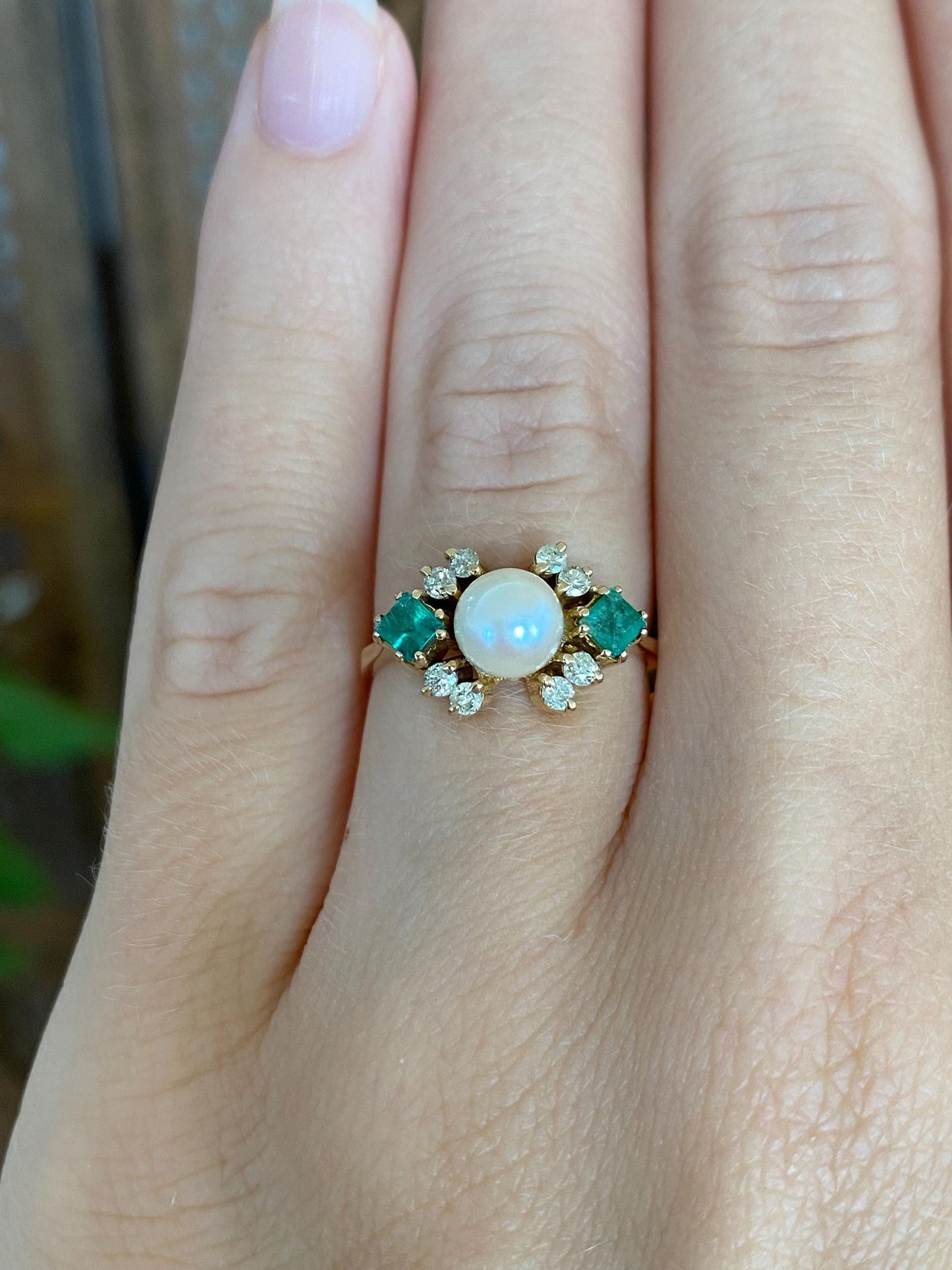 Vintage Solid 14k Yellow Gold Diamond Emerald Pearl Ring - Size 5