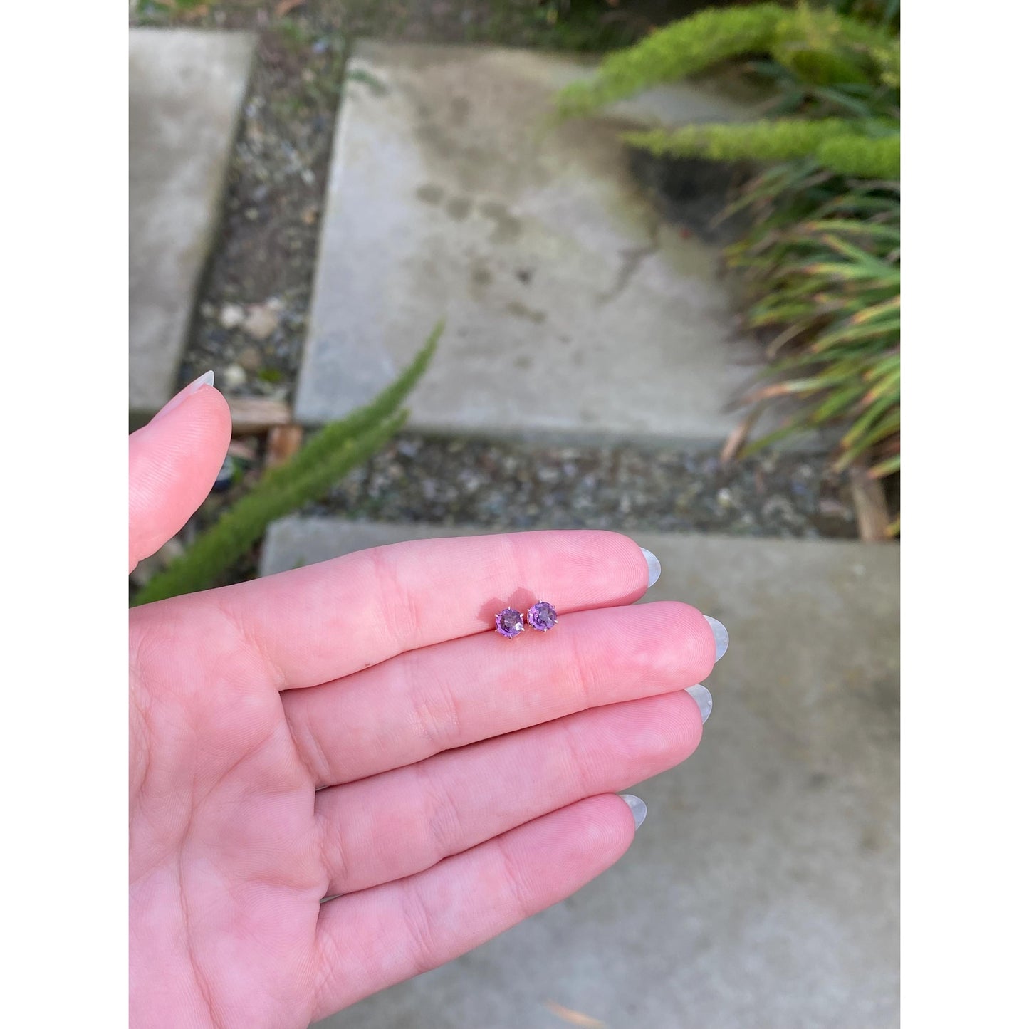 Vintage Solid 14k Yellow Gold Purple Cubic Zirconia Stud Earrings