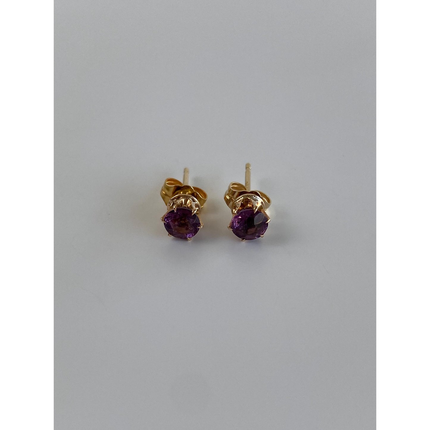 Vintage Solid 14k Yellow Gold Purple Cubic Zirconia Stud Earrings