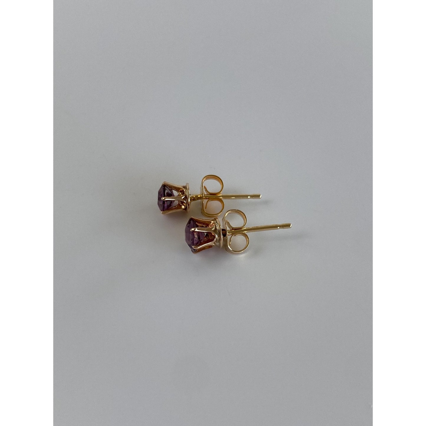 Vintage Solid 14k Yellow Gold Purple Cubic Zirconia Stud Earrings