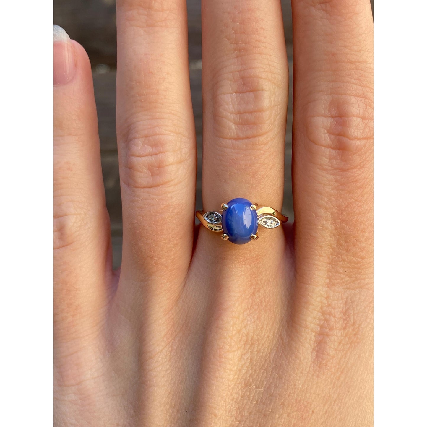 Vintage Solid 14k White & Yellow Gold Blue Star Sapphire Diamond Ring - Size 5.75