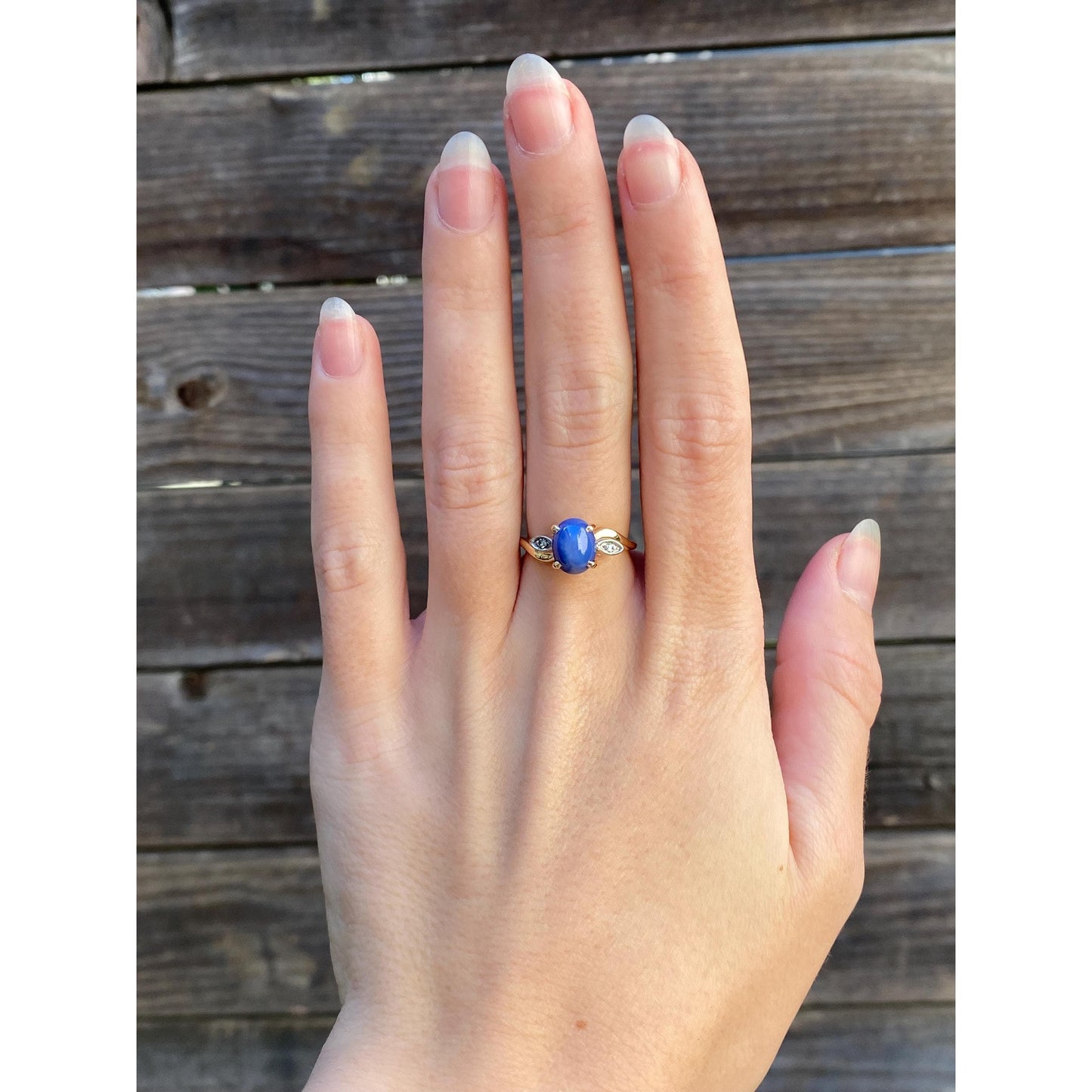 Vintage Solid 14k White & Yellow Gold Blue Star Sapphire Diamond Ring - Size 5.75