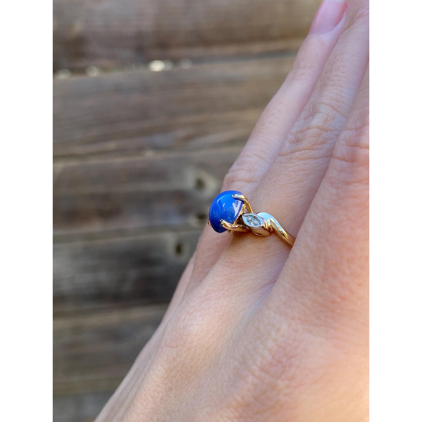 Vintage Solid 14k White & Yellow Gold Blue Star Sapphire Diamond Ring - Size 5.75