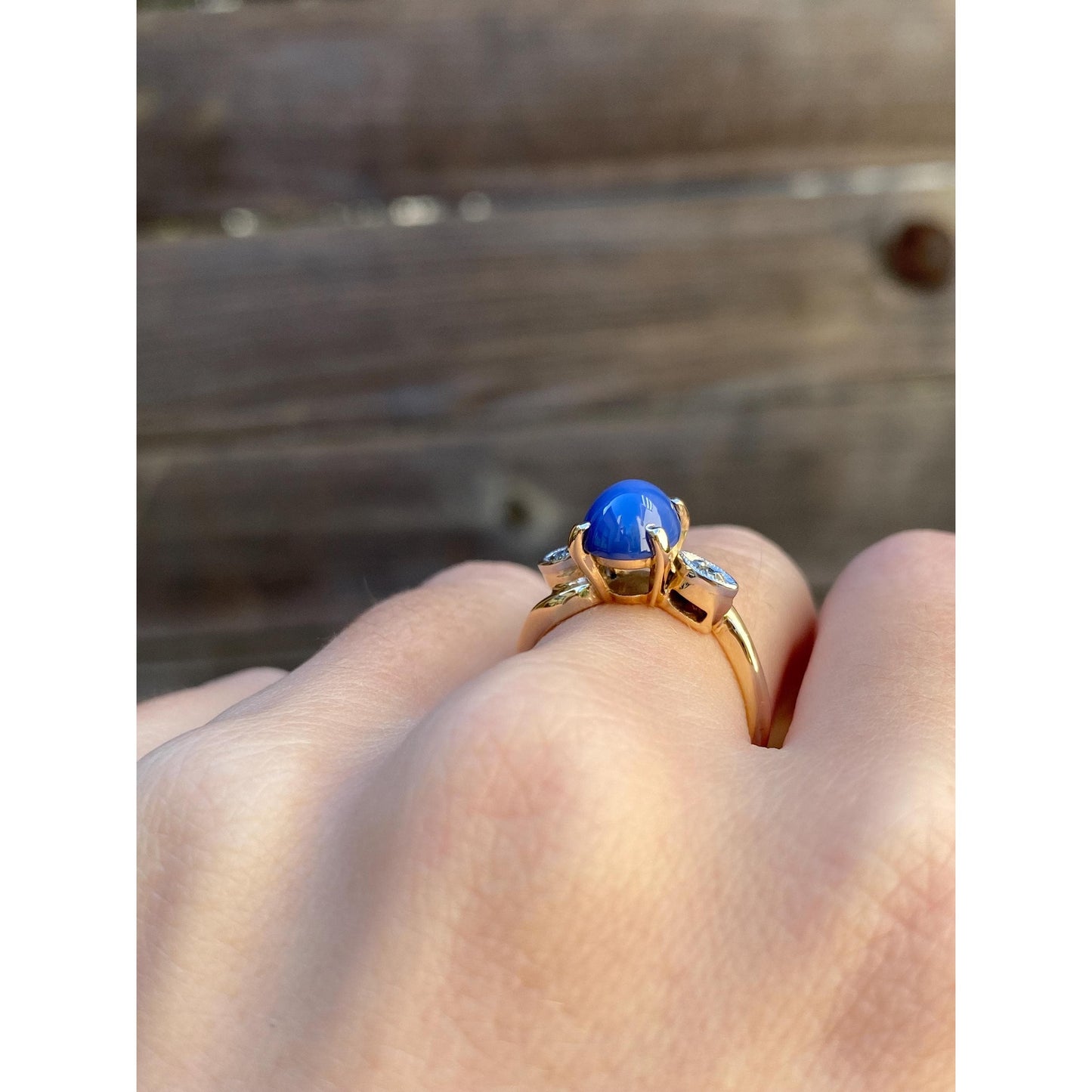 Vintage Solid 14k White & Yellow Gold Blue Star Sapphire Diamond Ring - Size 5.75