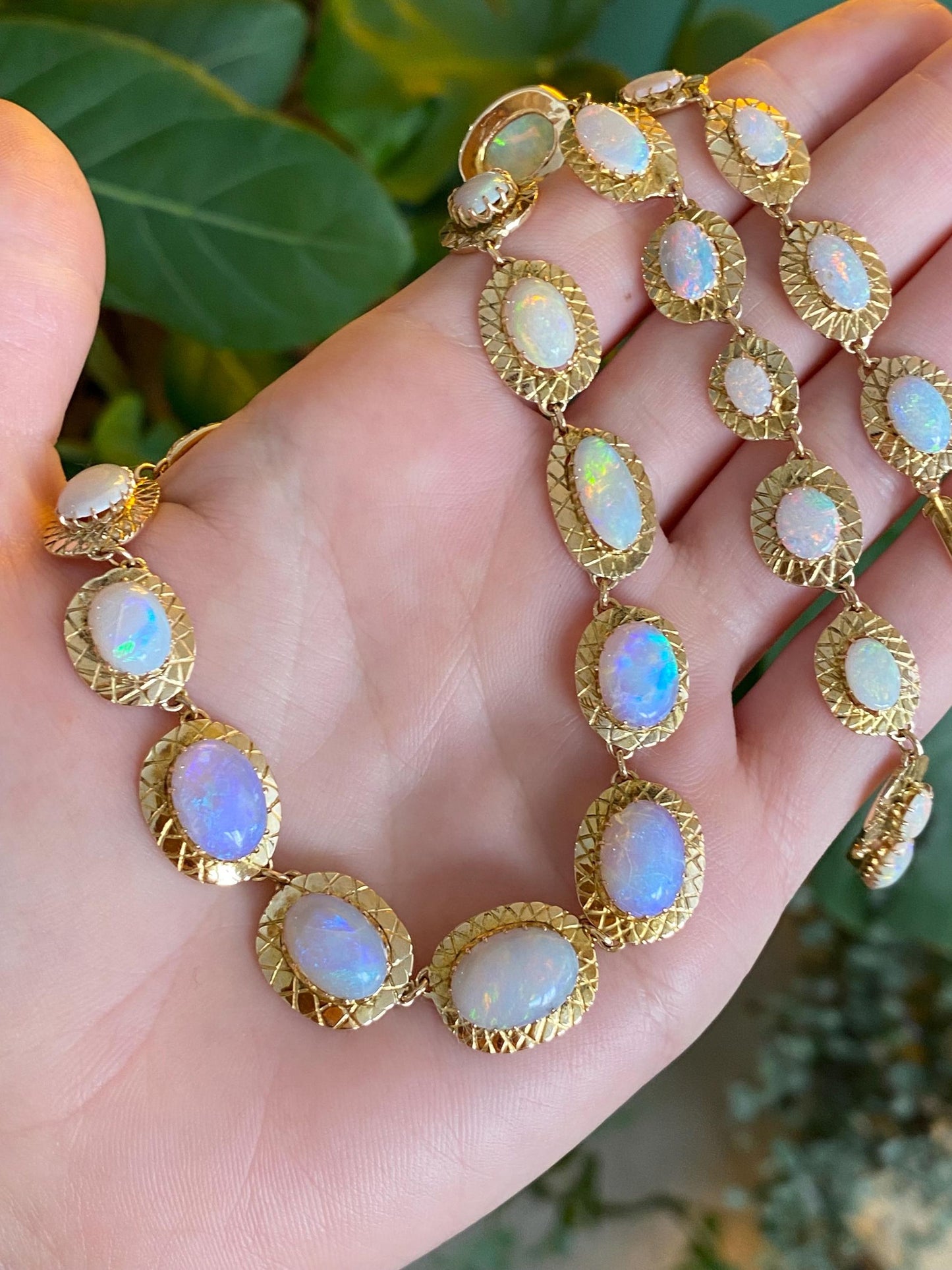 Vintage Solid 14k Yellow Gold Opal Link Necklace - 17 inches