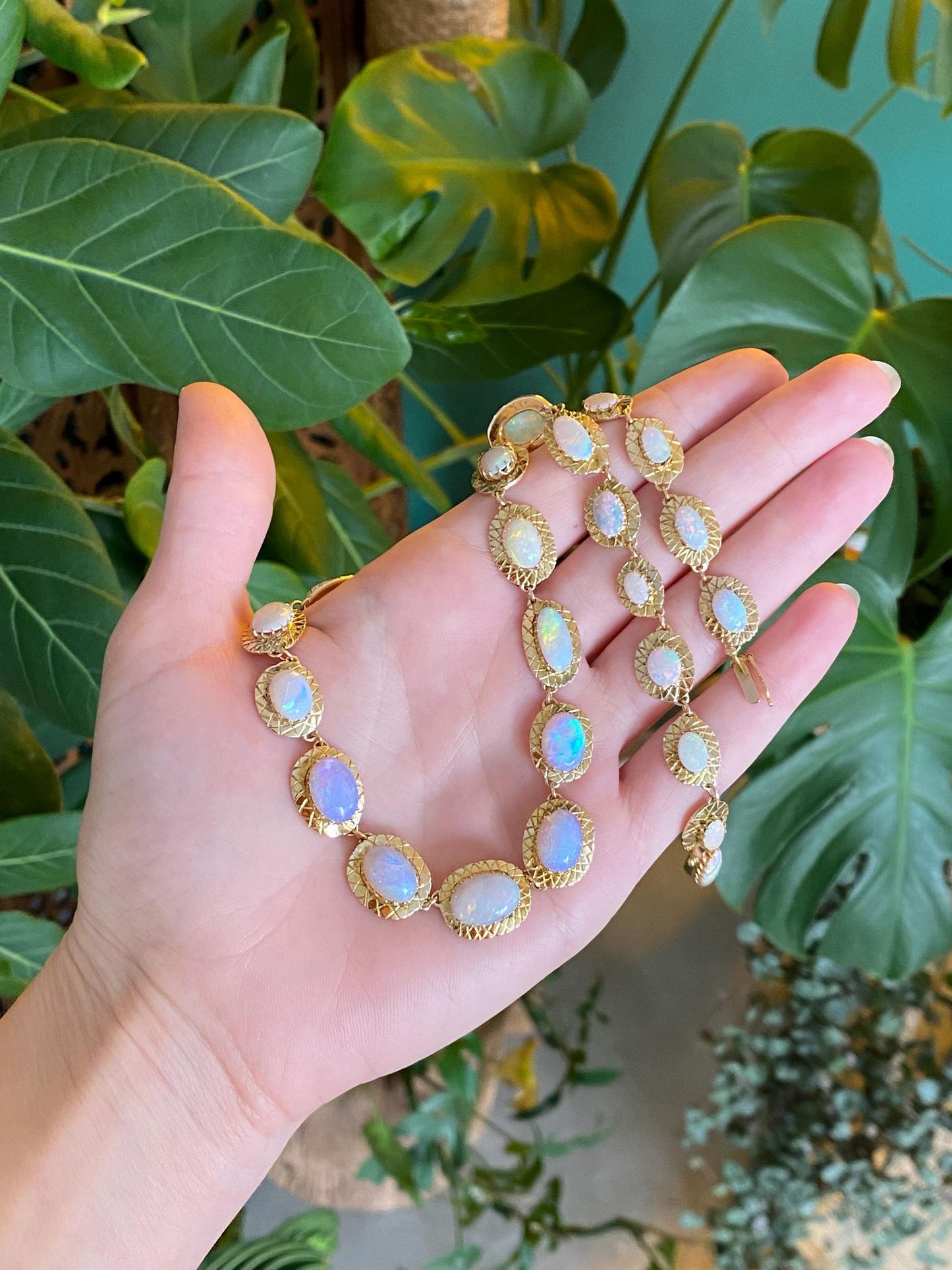 Vintage Solid 14k Yellow Gold Opal Link Necklace - 17 inches