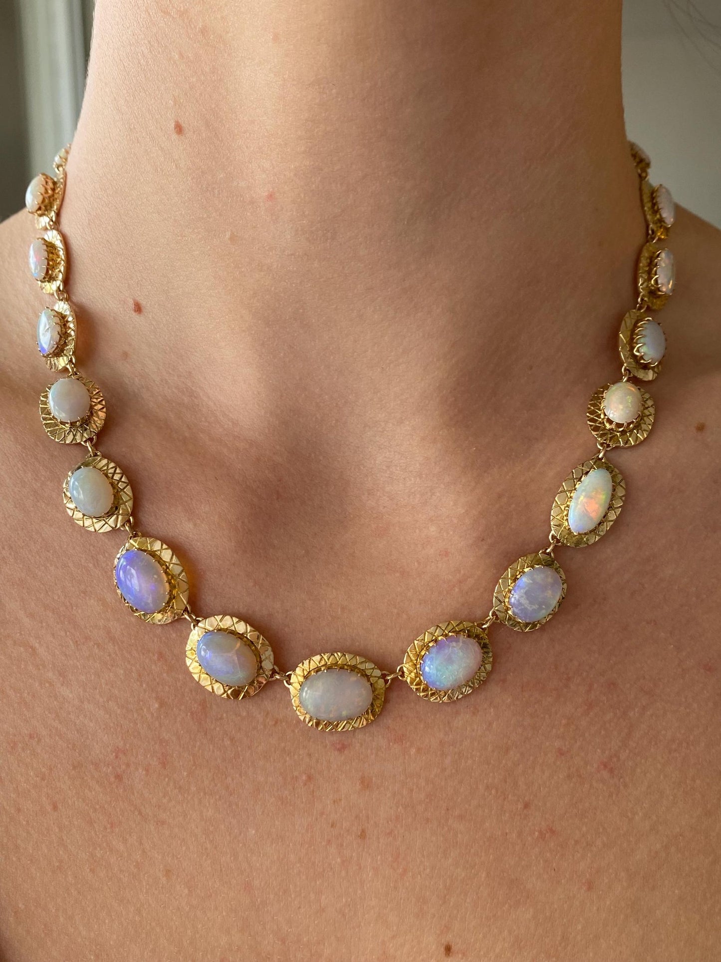 Vintage Solid 14k Yellow Gold Opal Link Necklace - 17 inches