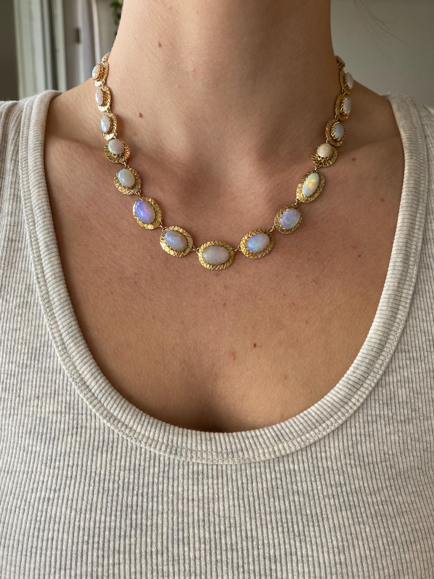 Vintage Solid 14k Yellow Gold Opal Link Necklace - 17 inches