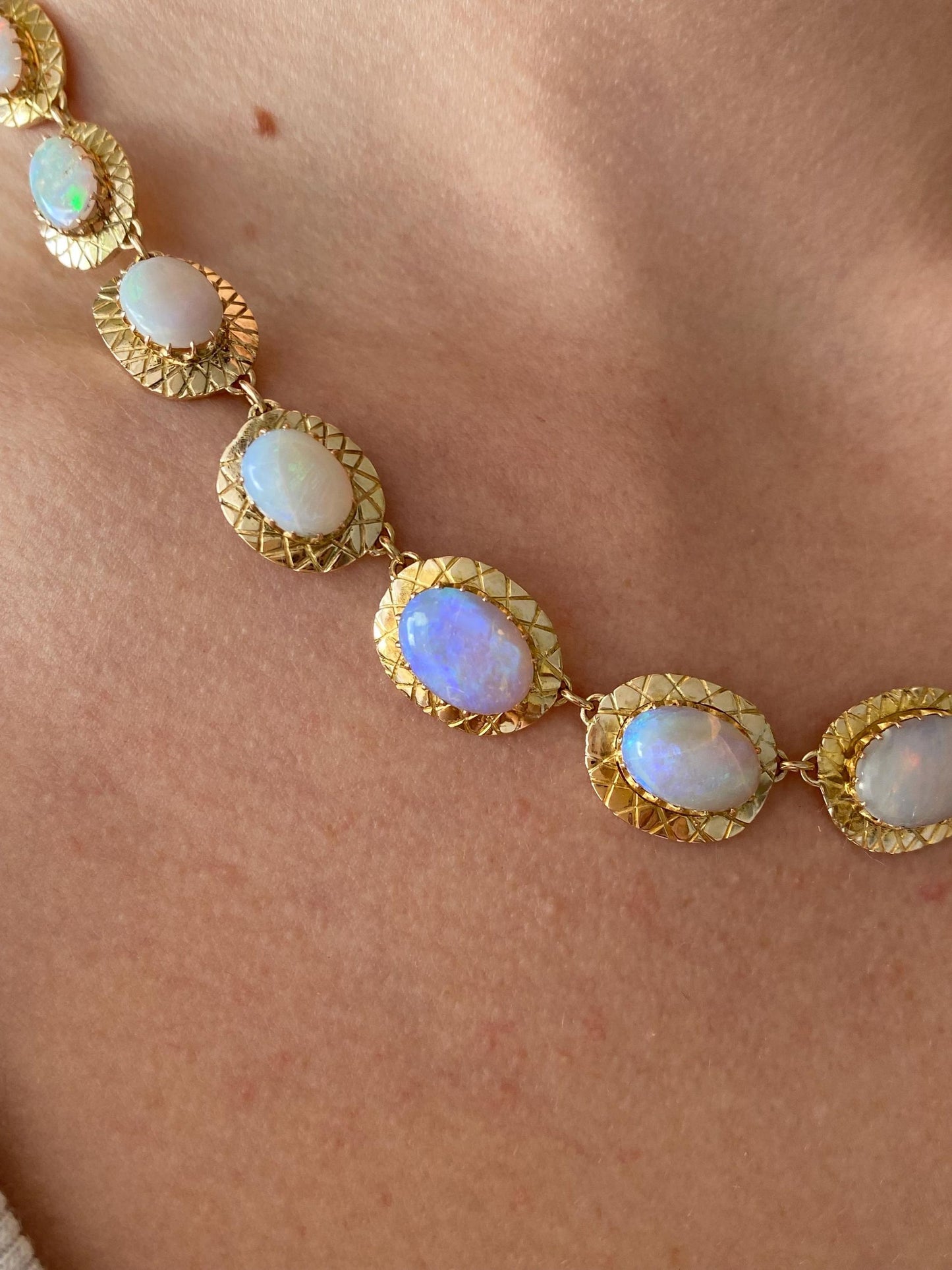 Vintage Solid 14k Yellow Gold Opal Link Necklace - 17 inches