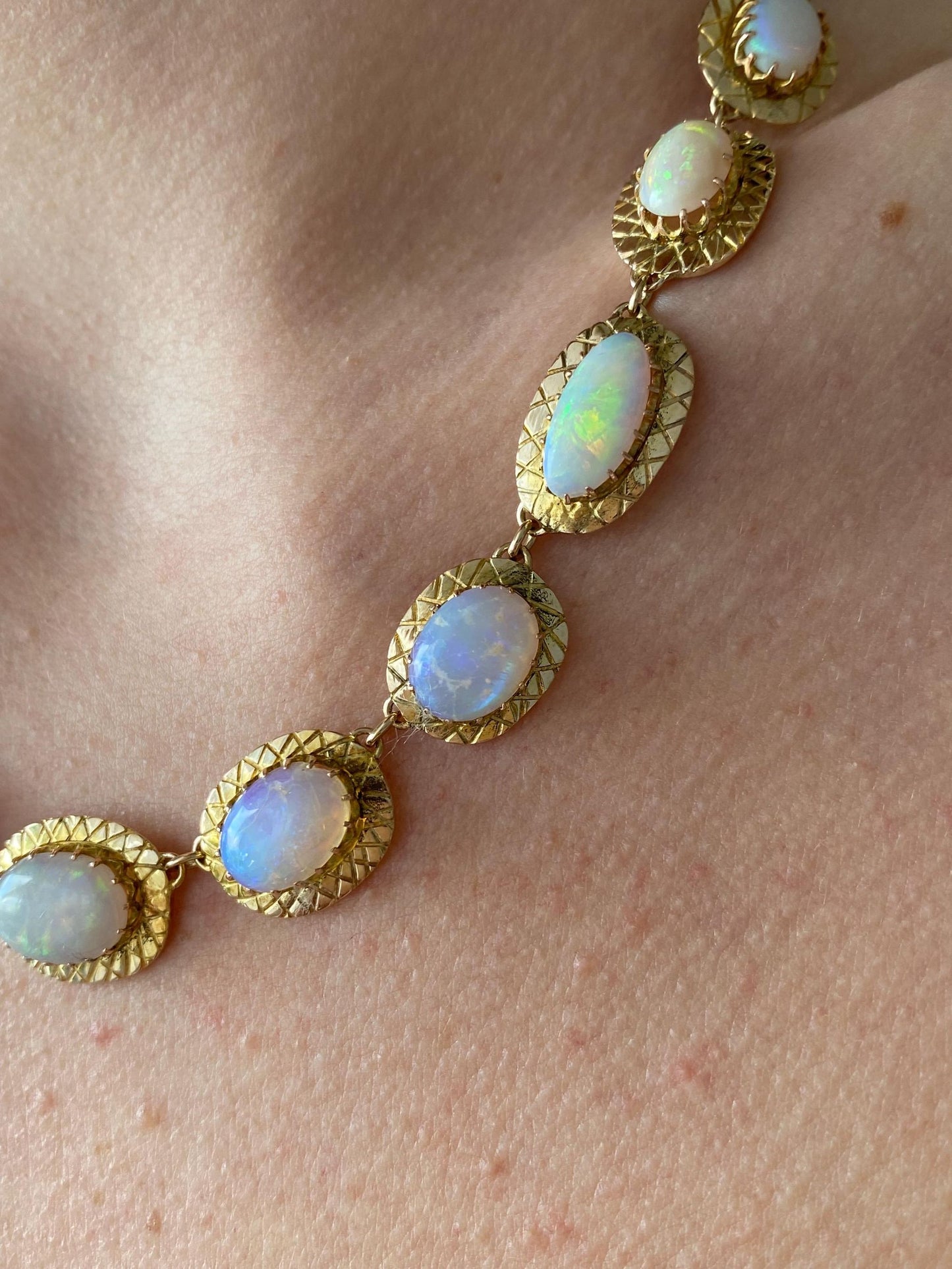 Vintage Solid 14k Yellow Gold Opal Link Necklace - 17 inches