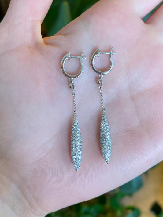 Vintage Solid 14k White Gold Diamonds Hoop Teardrop Dangle Earrings