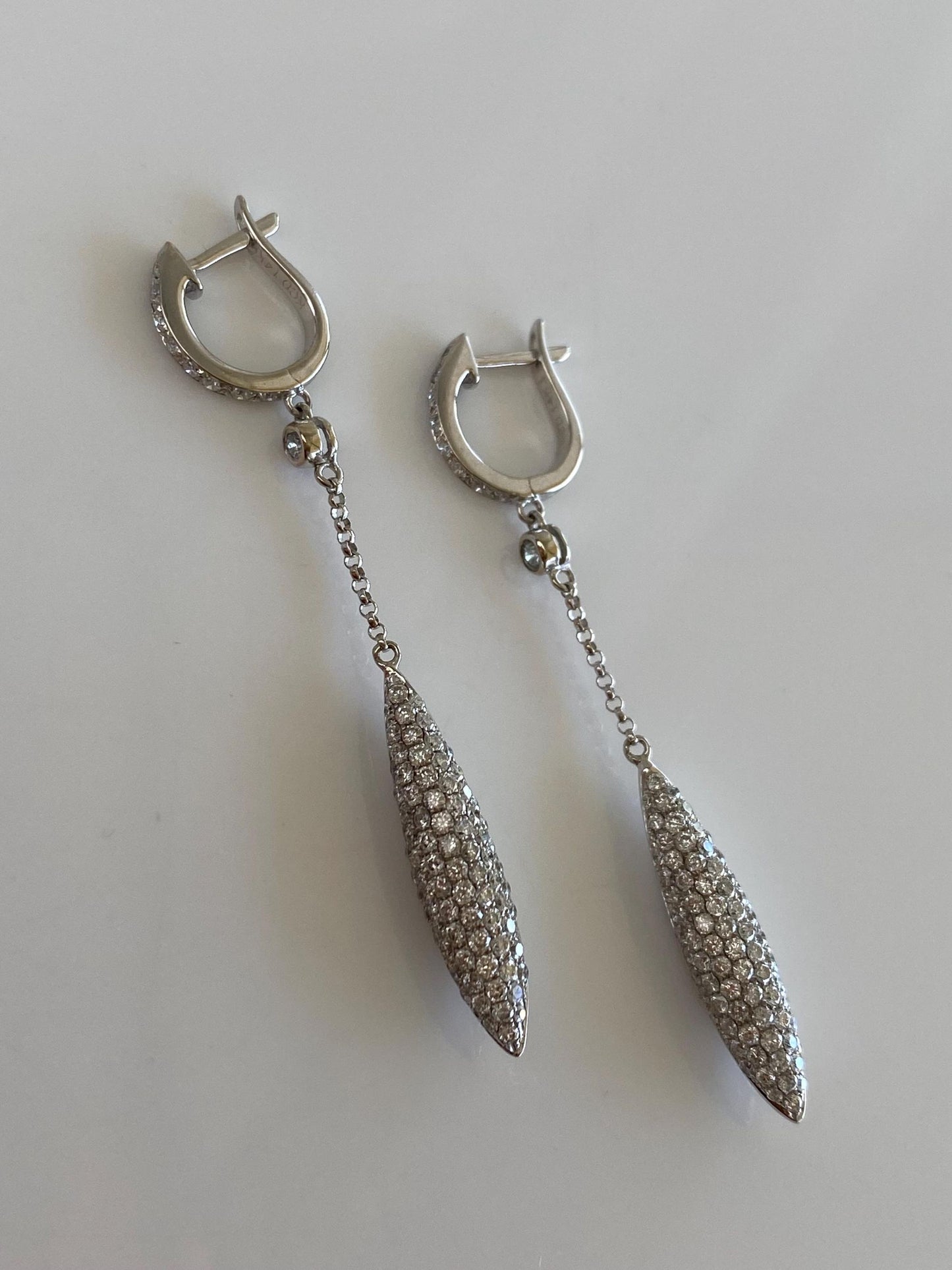 Vintage Solid 14k White Gold Diamonds Hoop Teardrop Dangle Earrings