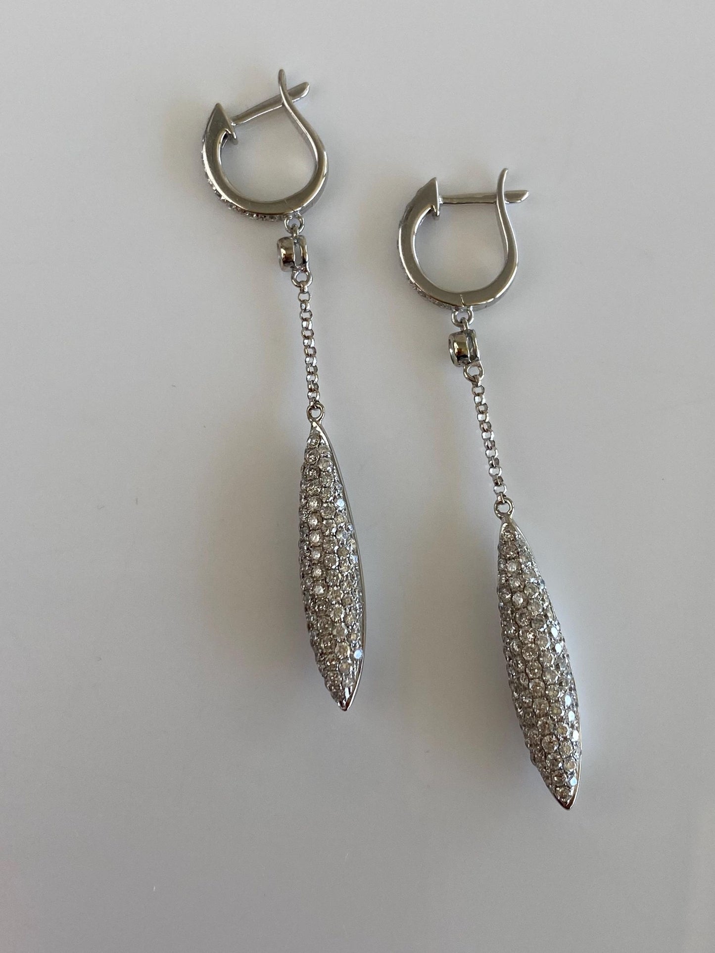 Vintage Solid 14k White Gold Diamonds Hoop Teardrop Dangle Earrings