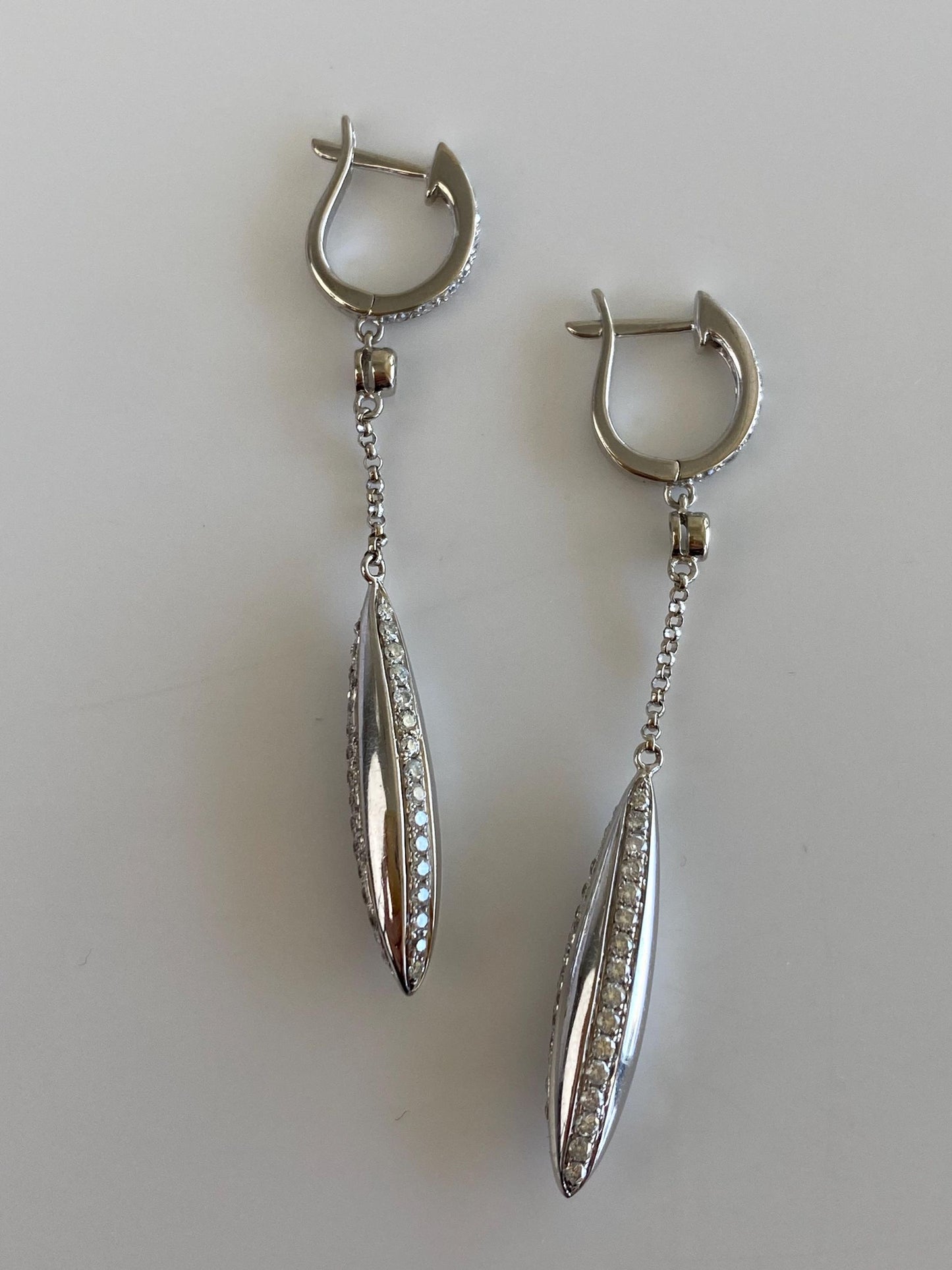 Vintage Solid 14k White Gold Diamonds Hoop Teardrop Dangle Earrings