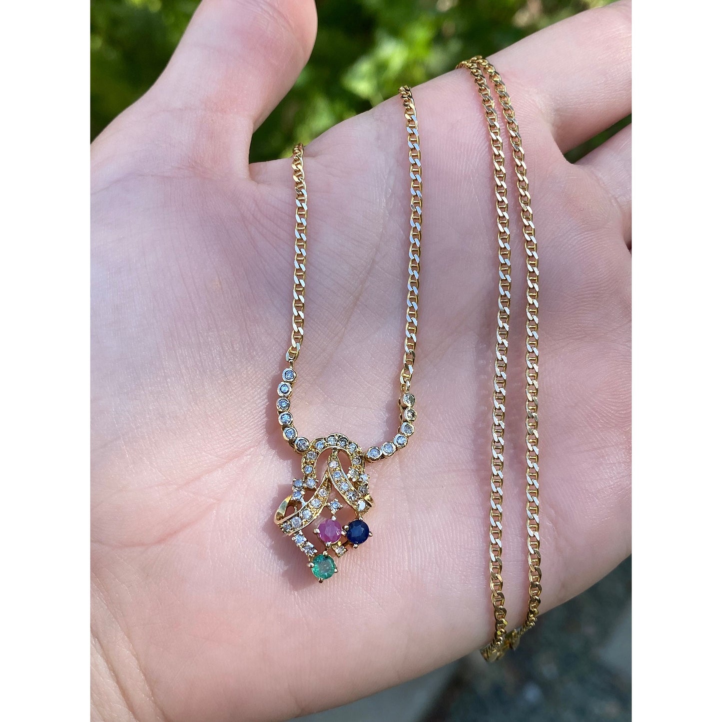 Solid 14k Yellow Gold Diamond Ruby Emerald Sapphire Dainty Mariner Chain Necklace - 18 inches
