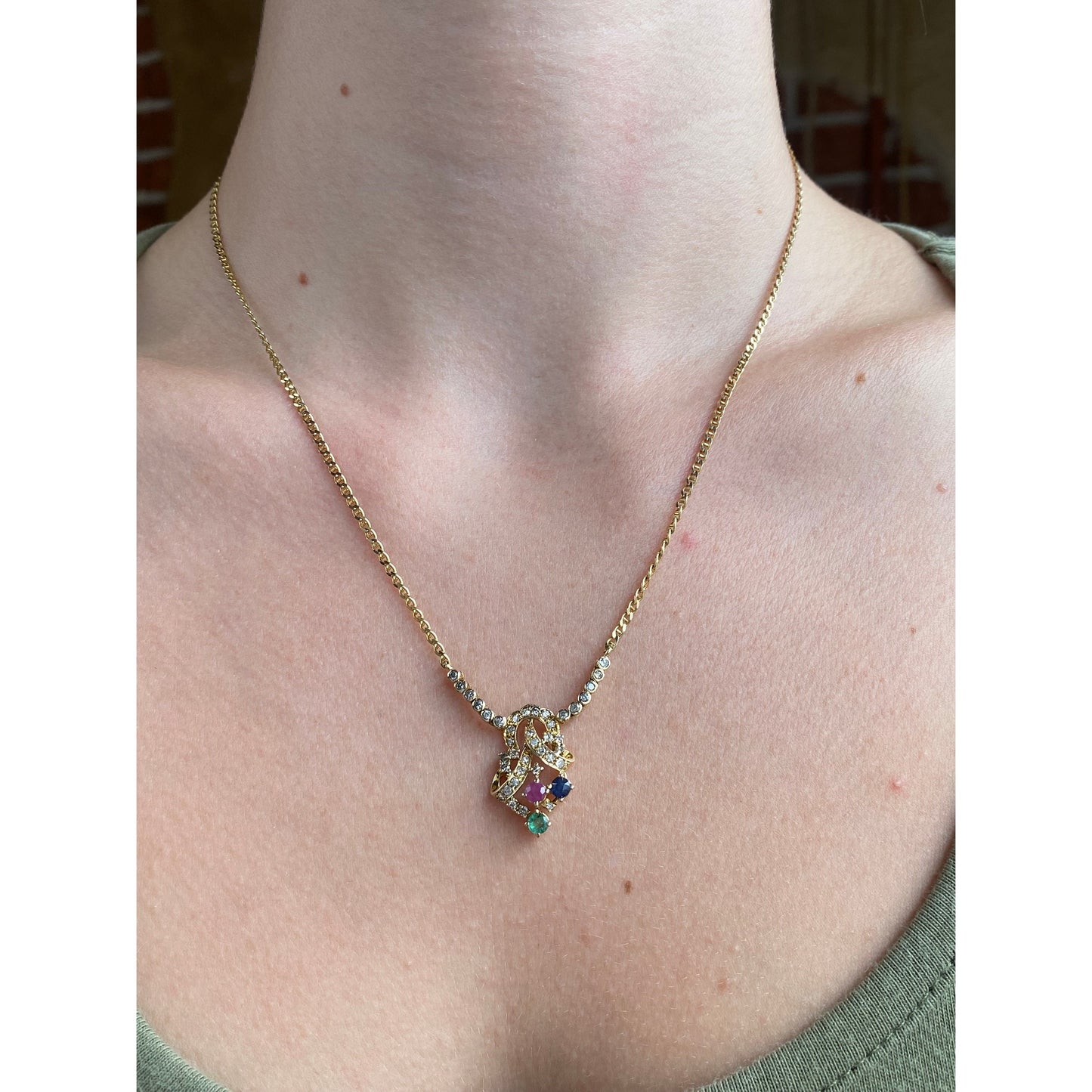 Solid 14k Yellow Gold Diamond Ruby Emerald Sapphire Dainty Mariner Chain Necklace - 18 inches